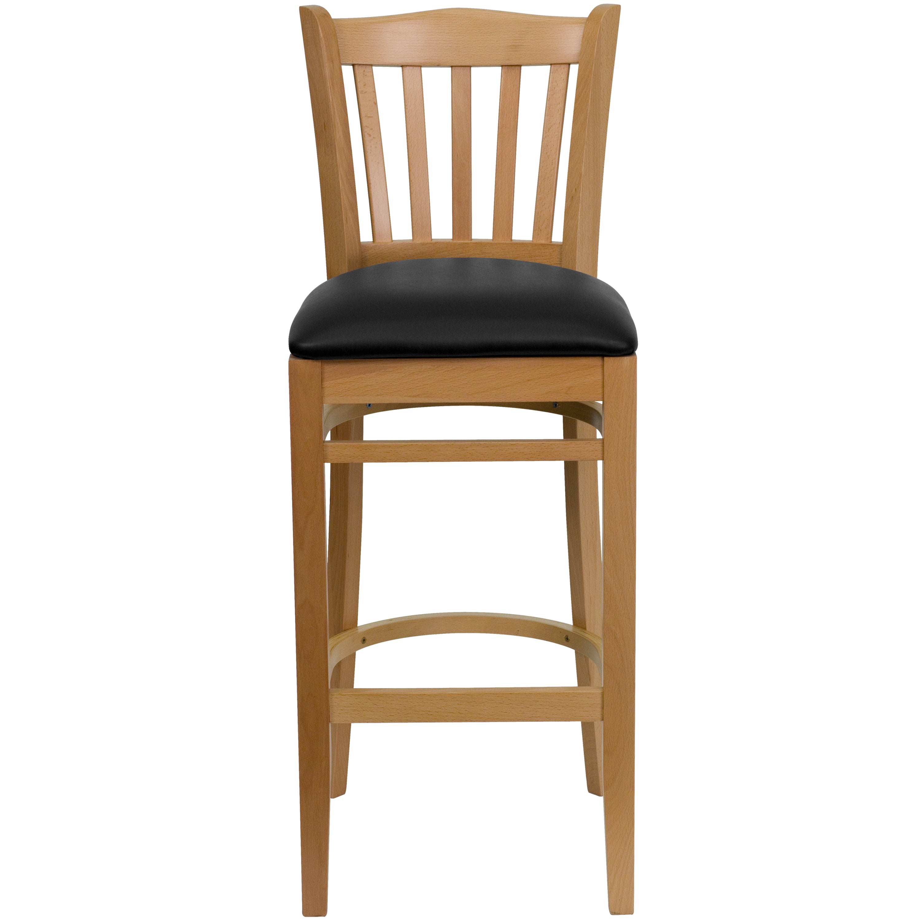 HERCULES Series Vertical Slat Back Natural Wood Restaurant Barstool - Black Vinyl Seat