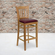HERCULES Series Vertical Slat Back Natural Wood Restaurant Barstool - Burgundy Vinyl Seat