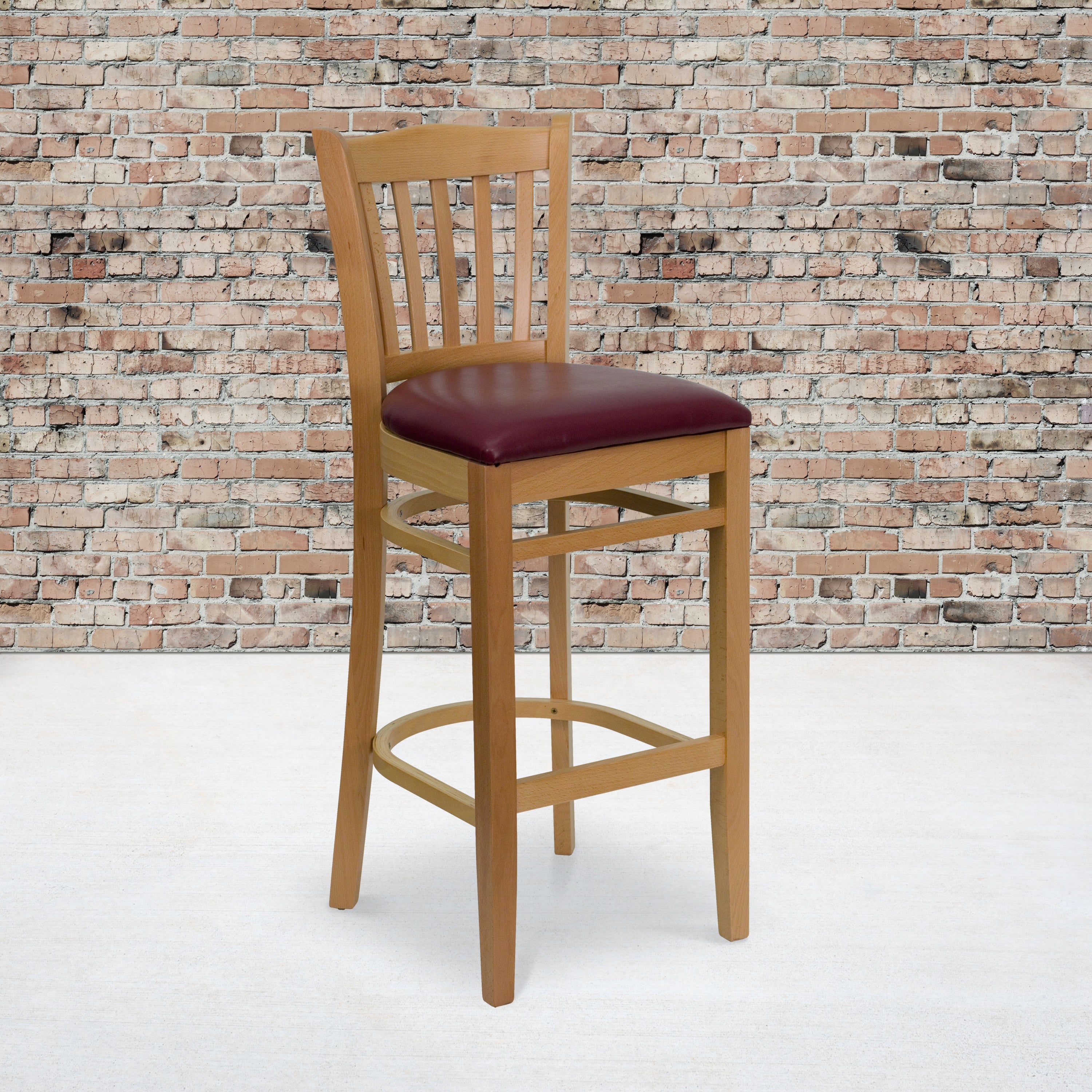 HERCULES Series Vertical Slat Back Natural Wood Restaurant Barstool - Burgundy Vinyl Seat