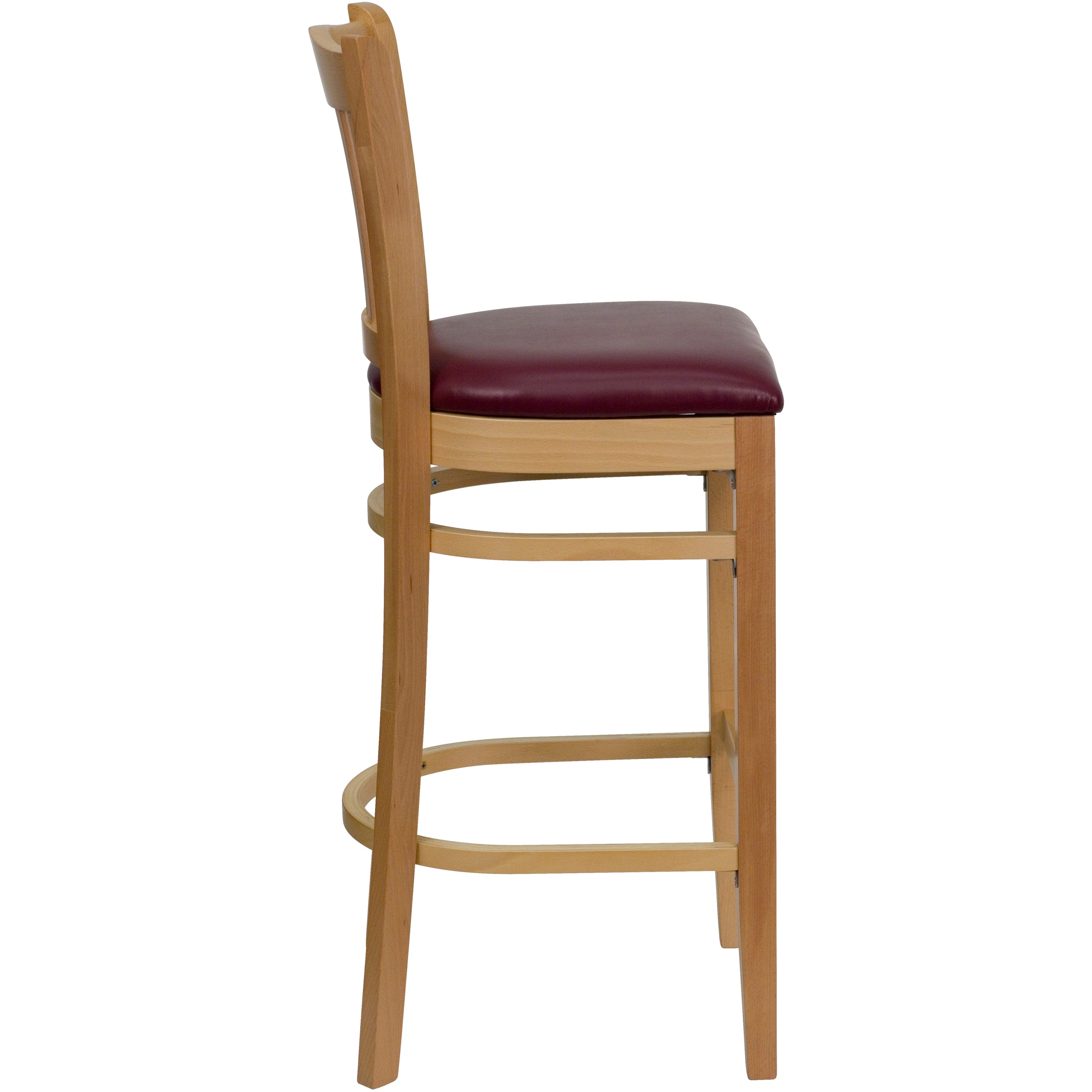 HERCULES Series Vertical Slat Back Natural Wood Restaurant Barstool - Burgundy Vinyl Seat