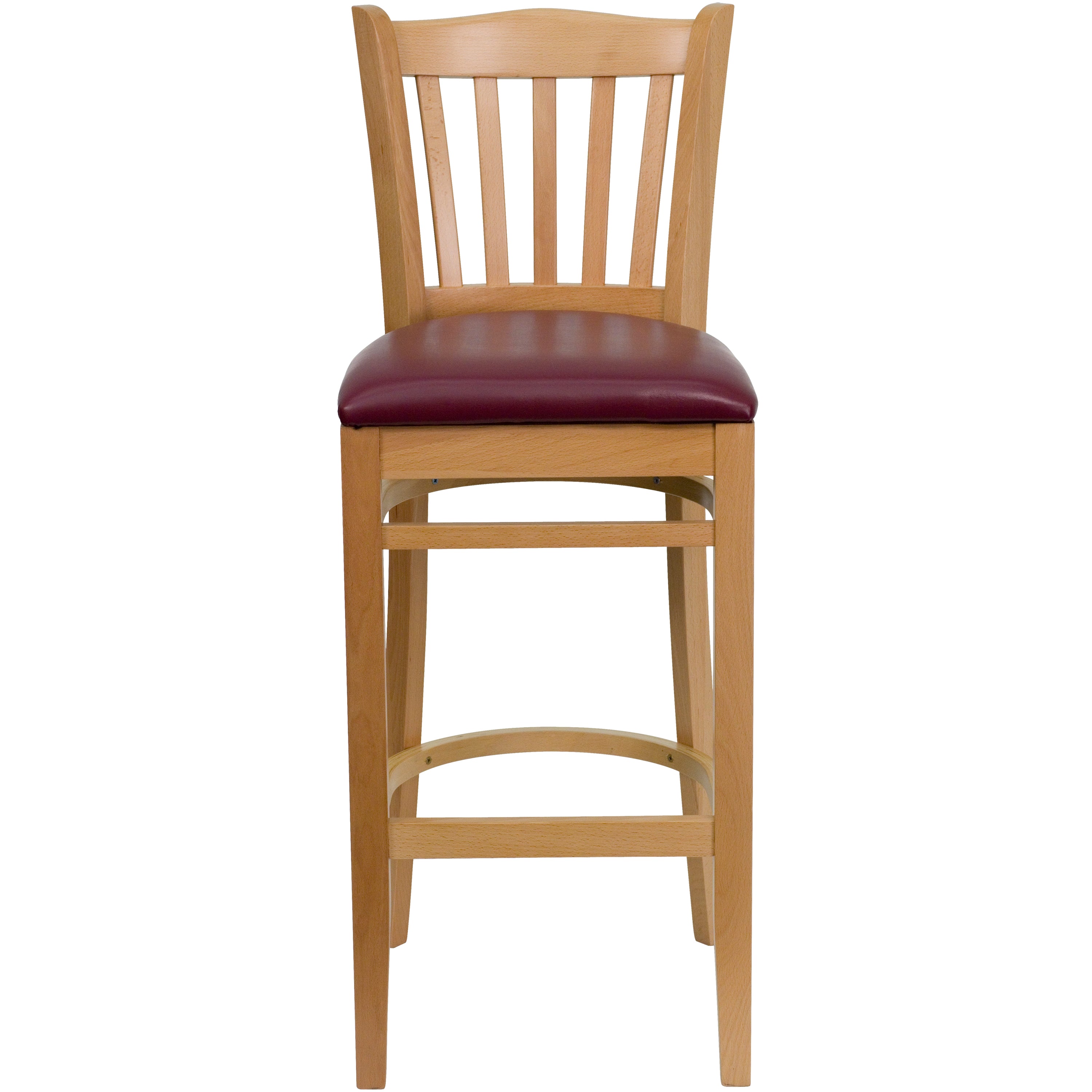 HERCULES Series Vertical Slat Back Natural Wood Restaurant Barstool - Burgundy Vinyl Seat