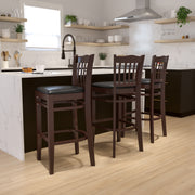 HERCULES Series Vertical Slat Back Walnut Wood Restaurant Barstool - Black Vinyl Seat