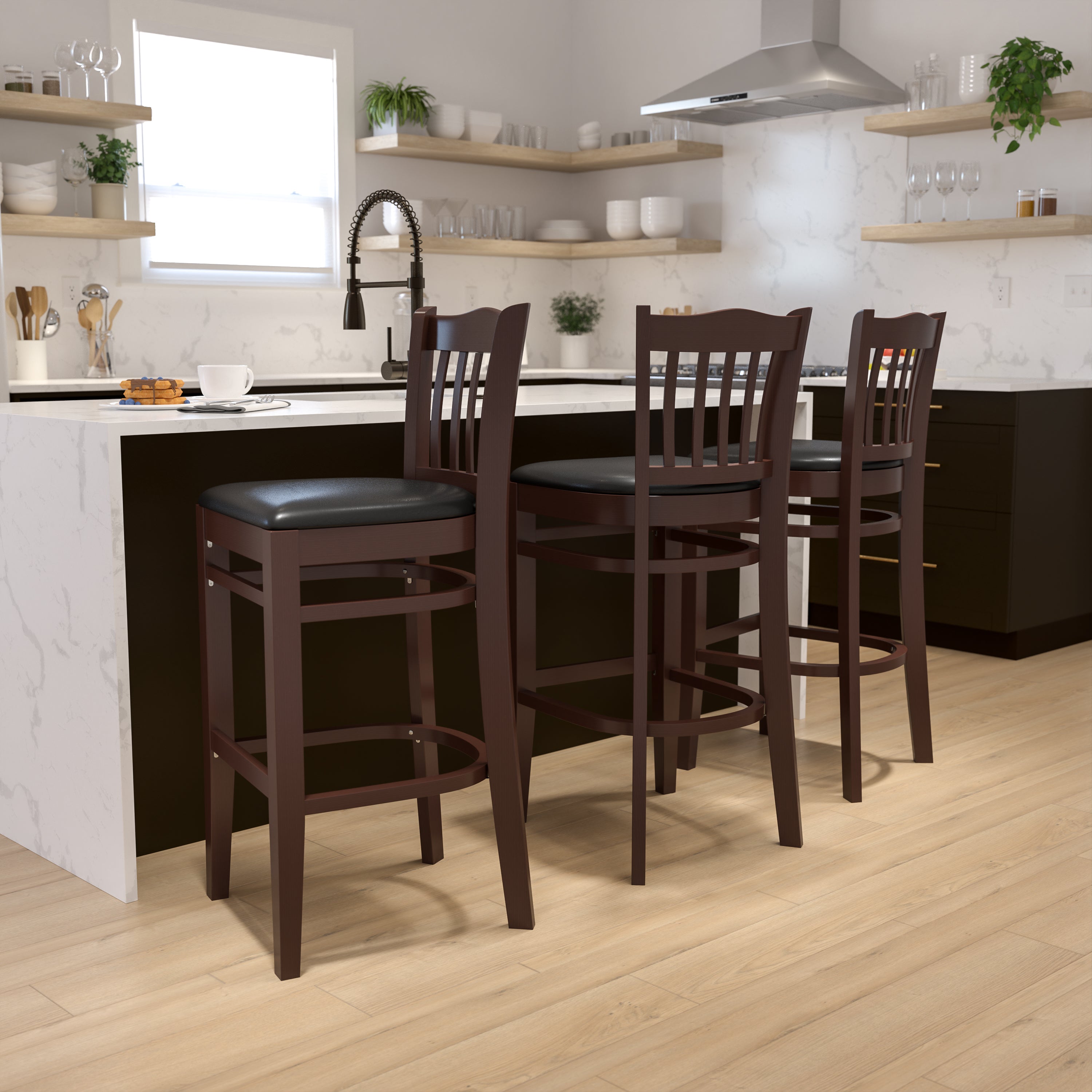 HERCULES Series Vertical Slat Back Walnut Wood Restaurant Barstool - Black Vinyl Seat