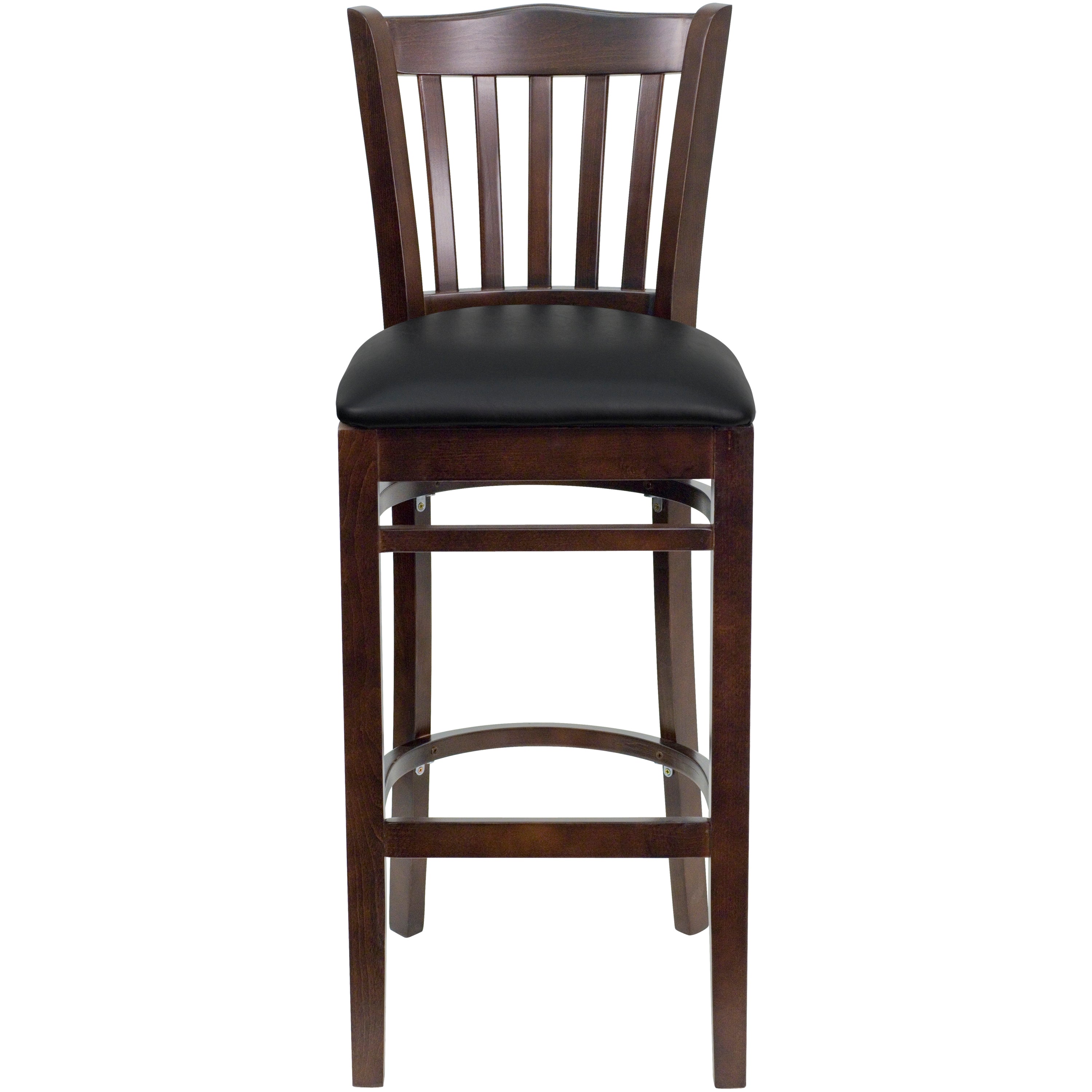 HERCULES Series Vertical Slat Back Walnut Wood Restaurant Barstool - Black Vinyl Seat