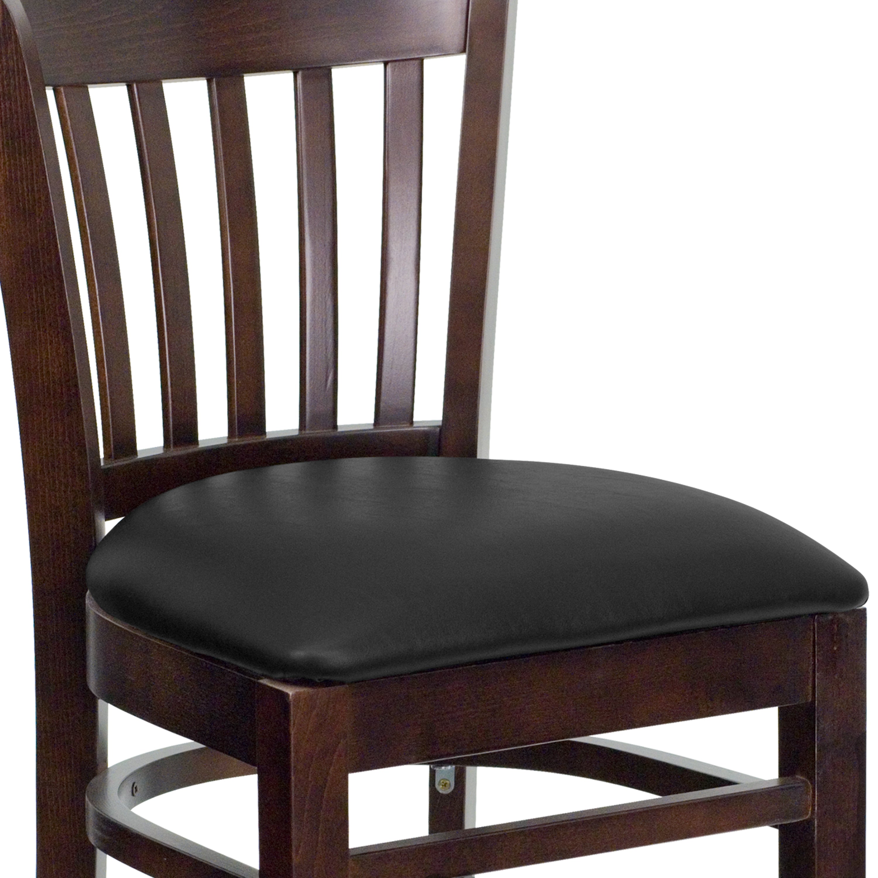HERCULES Series Vertical Slat Back Walnut Wood Restaurant Barstool - Black Vinyl Seat