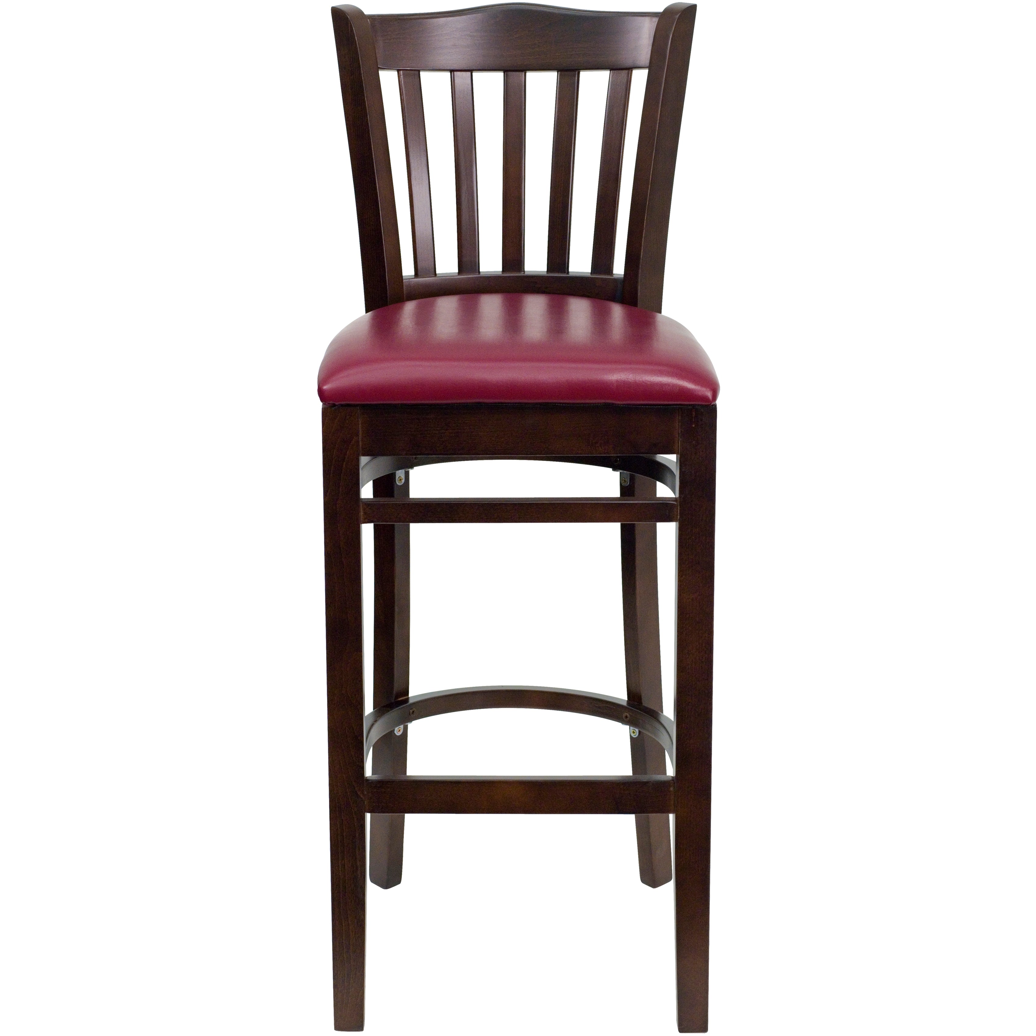 HERCULES Series Vertical Slat Back Walnut Wood Restaurant Barstool - Burgundy Vinyl Seat