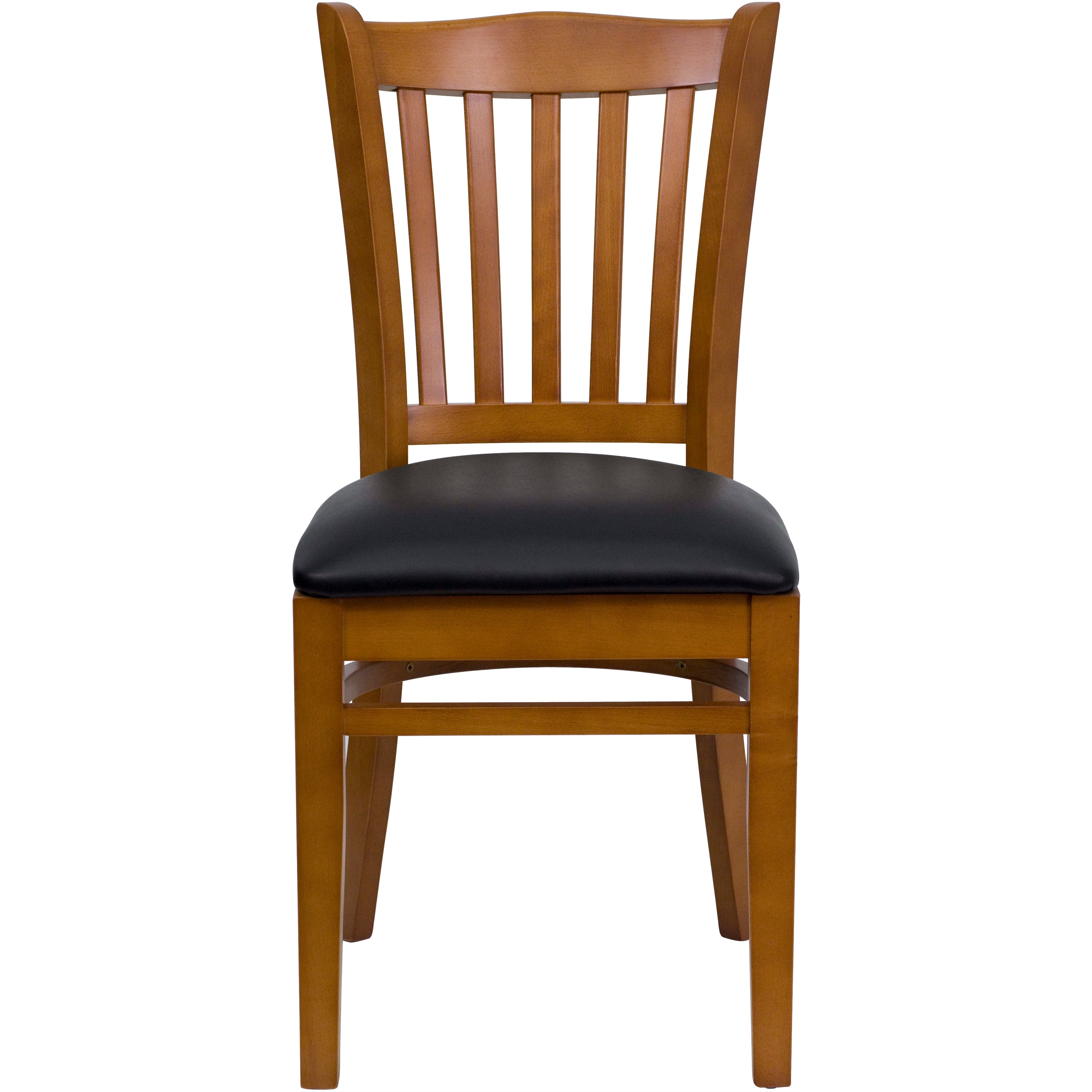HERCULES Series Vertical Slat Back Cherry Wood Restaurant Chair - Black Vinyl Seat