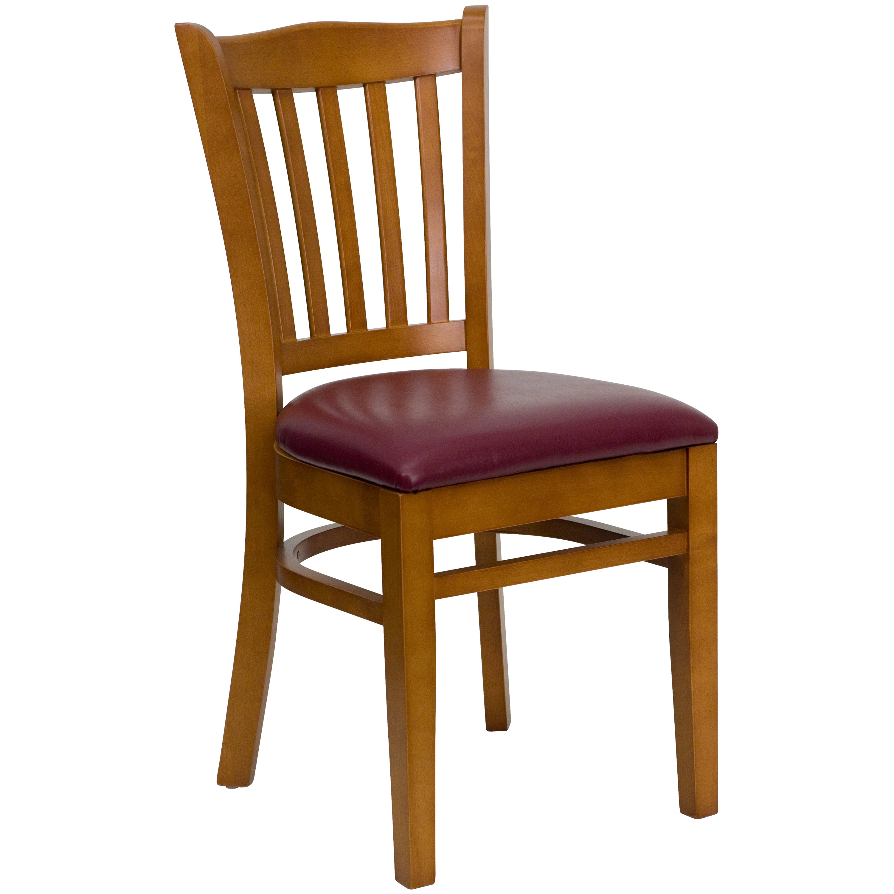 HERCULES Series Vertical Slat Back Cherry Wood Restaurant Chair - Burgundy Vinyl Seat