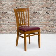 HERCULES Series Vertical Slat Back Cherry Wood Restaurant Chair - Burgundy Vinyl Seat