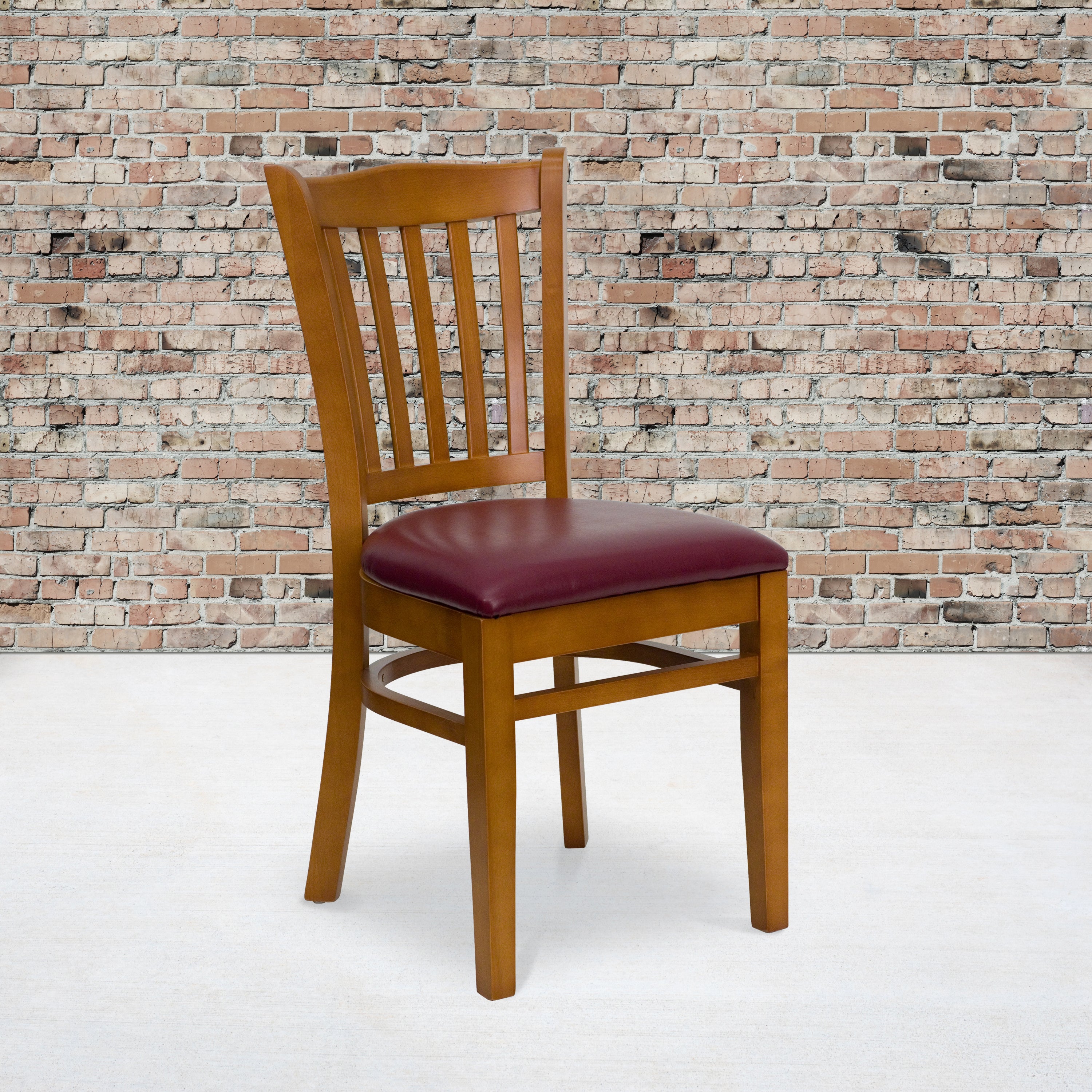 HERCULES Series Vertical Slat Back Cherry Wood Restaurant Chair - Burgundy Vinyl Seat