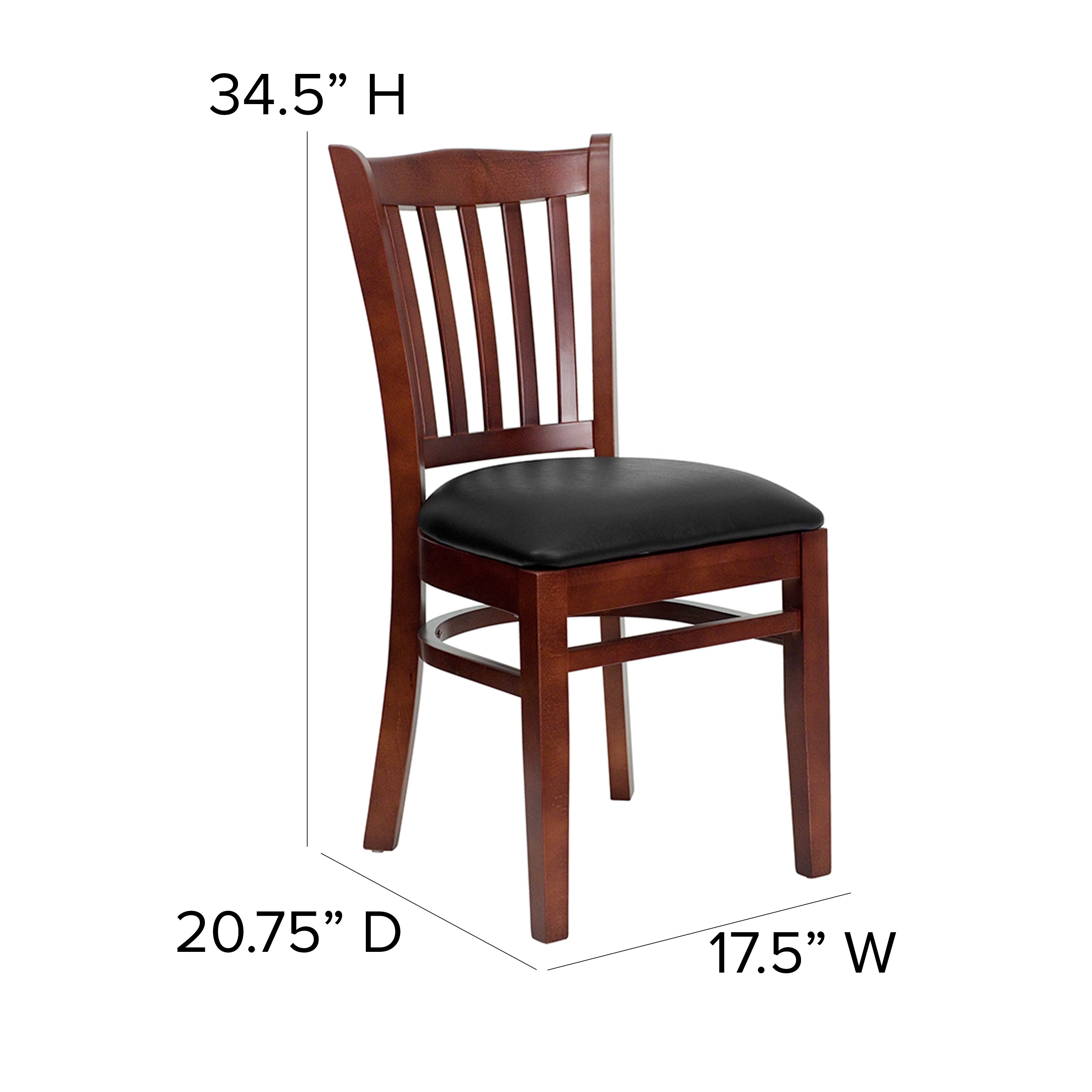 HERCULES Series Vertical Slat Back Mahogany Wood Restaurant Chair - Black Vinyl Seat