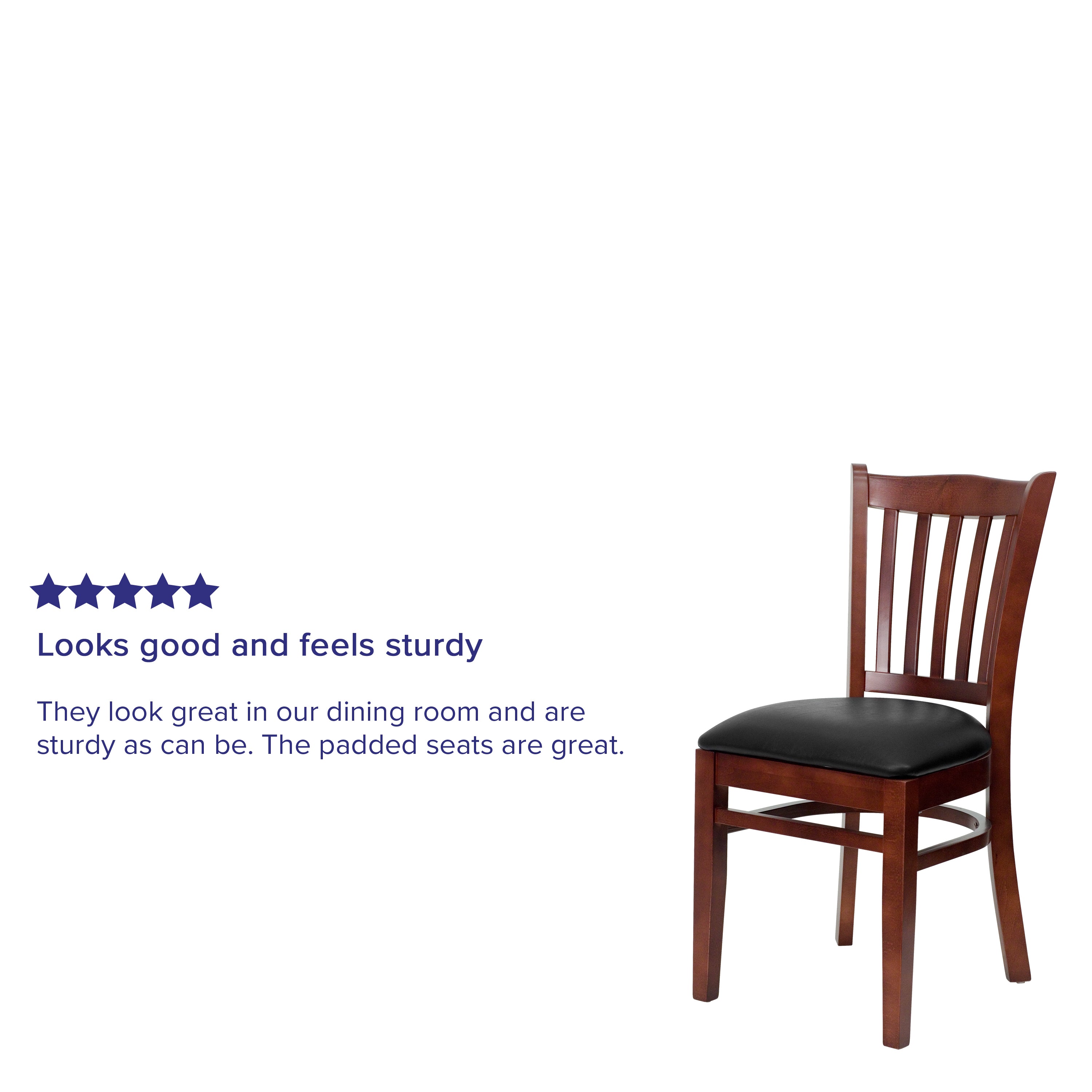 HERCULES Series Vertical Slat Back Mahogany Wood Restaurant Chair - Black Vinyl Seat