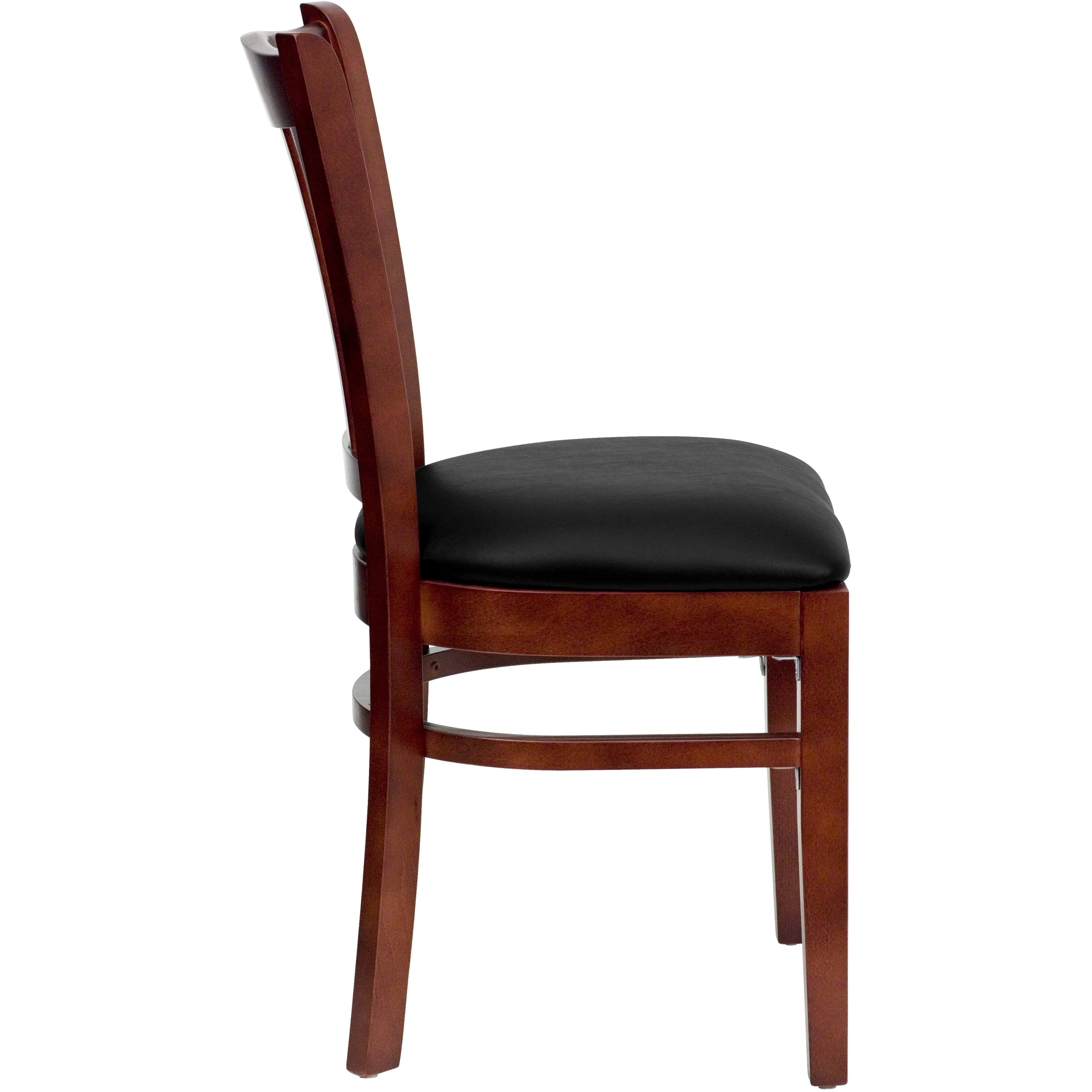 HERCULES Series Vertical Slat Back Mahogany Wood Restaurant Chair - Black Vinyl Seat