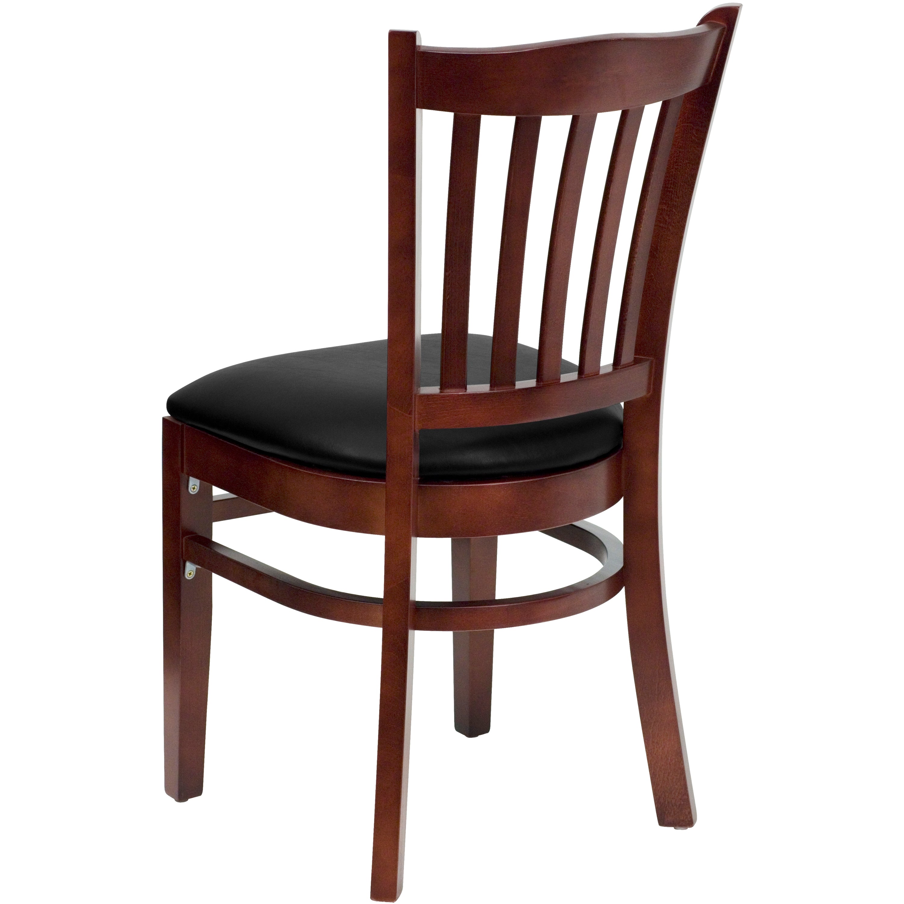 HERCULES Series Vertical Slat Back Mahogany Wood Restaurant Chair - Black Vinyl Seat