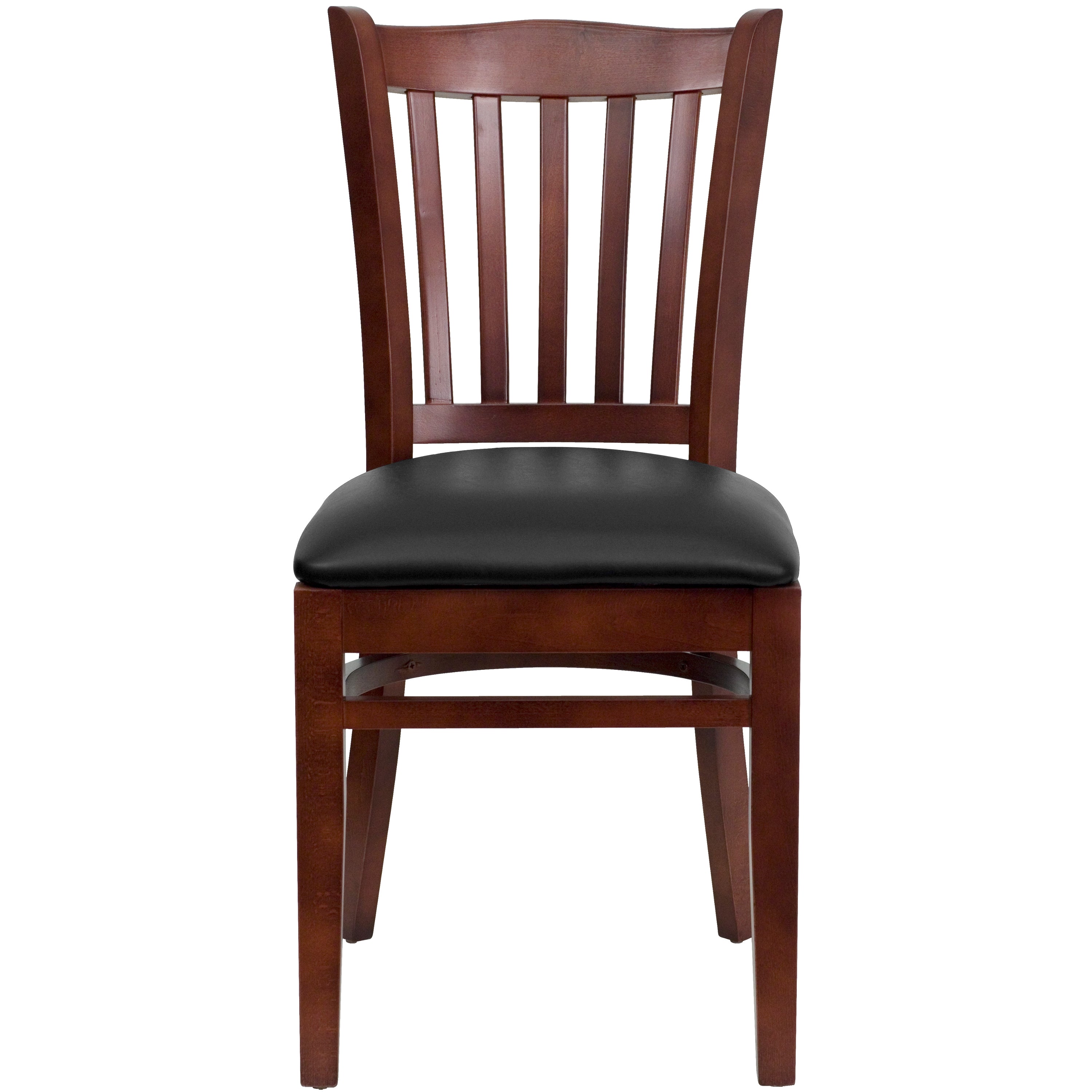HERCULES Series Vertical Slat Back Mahogany Wood Restaurant Chair - Black Vinyl Seat