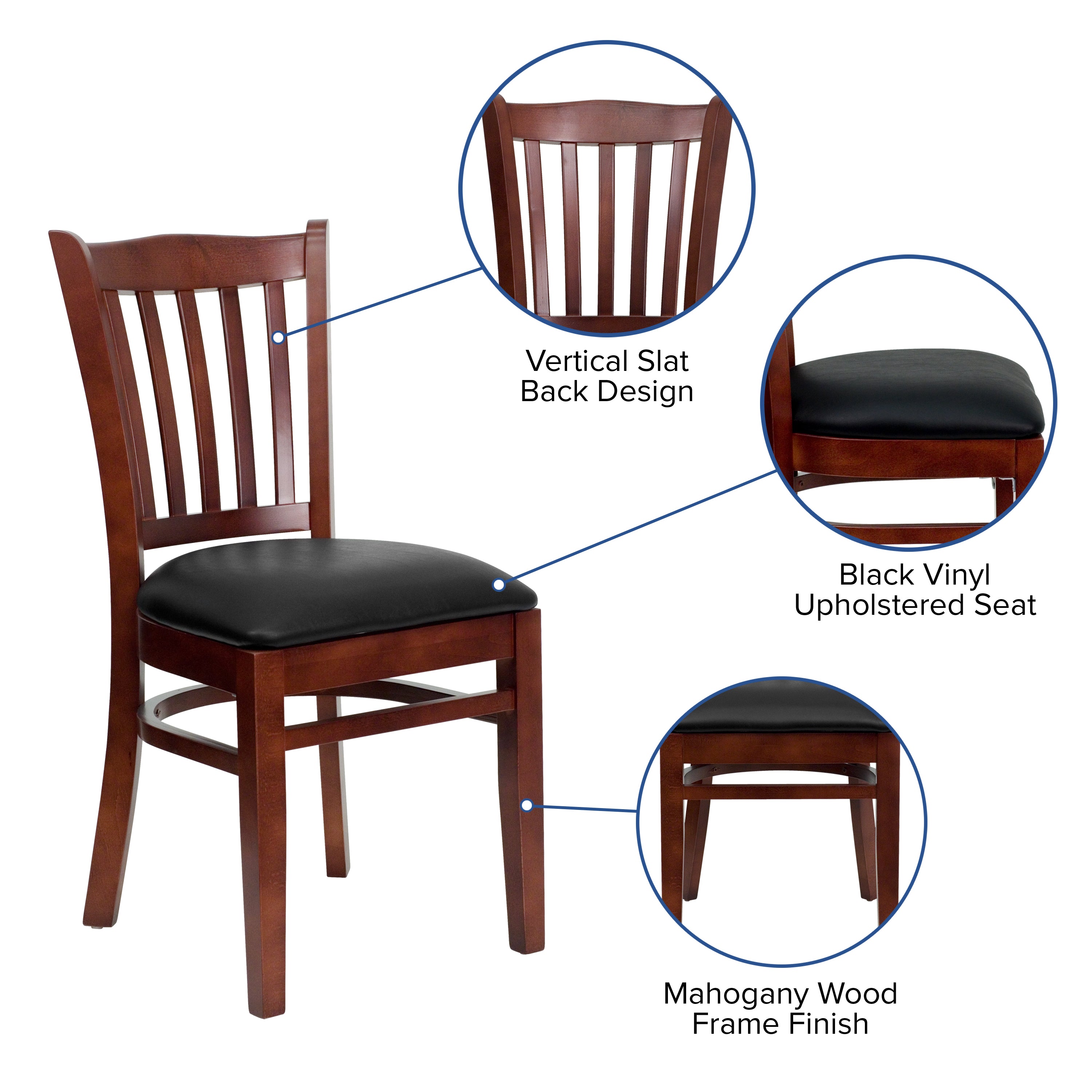 HERCULES Series Vertical Slat Back Mahogany Wood Restaurant Chair - Black Vinyl Seat