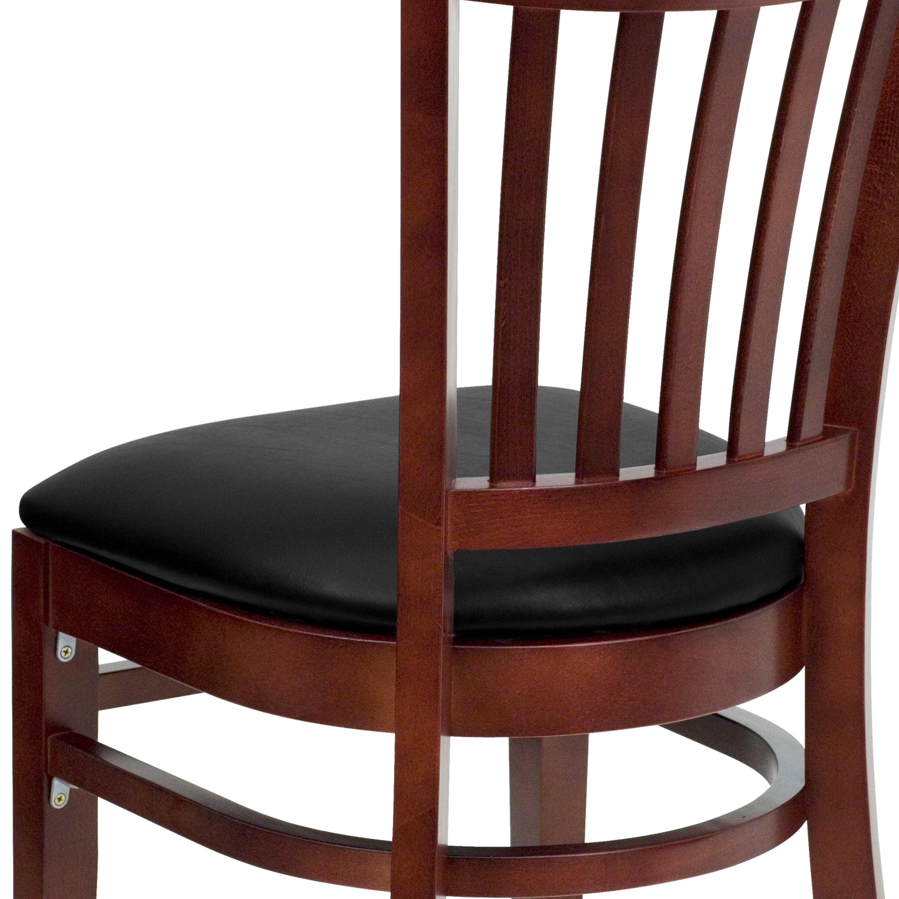 HERCULES Series Vertical Slat Back Mahogany Wood Restaurant Chair - Black Vinyl Seat