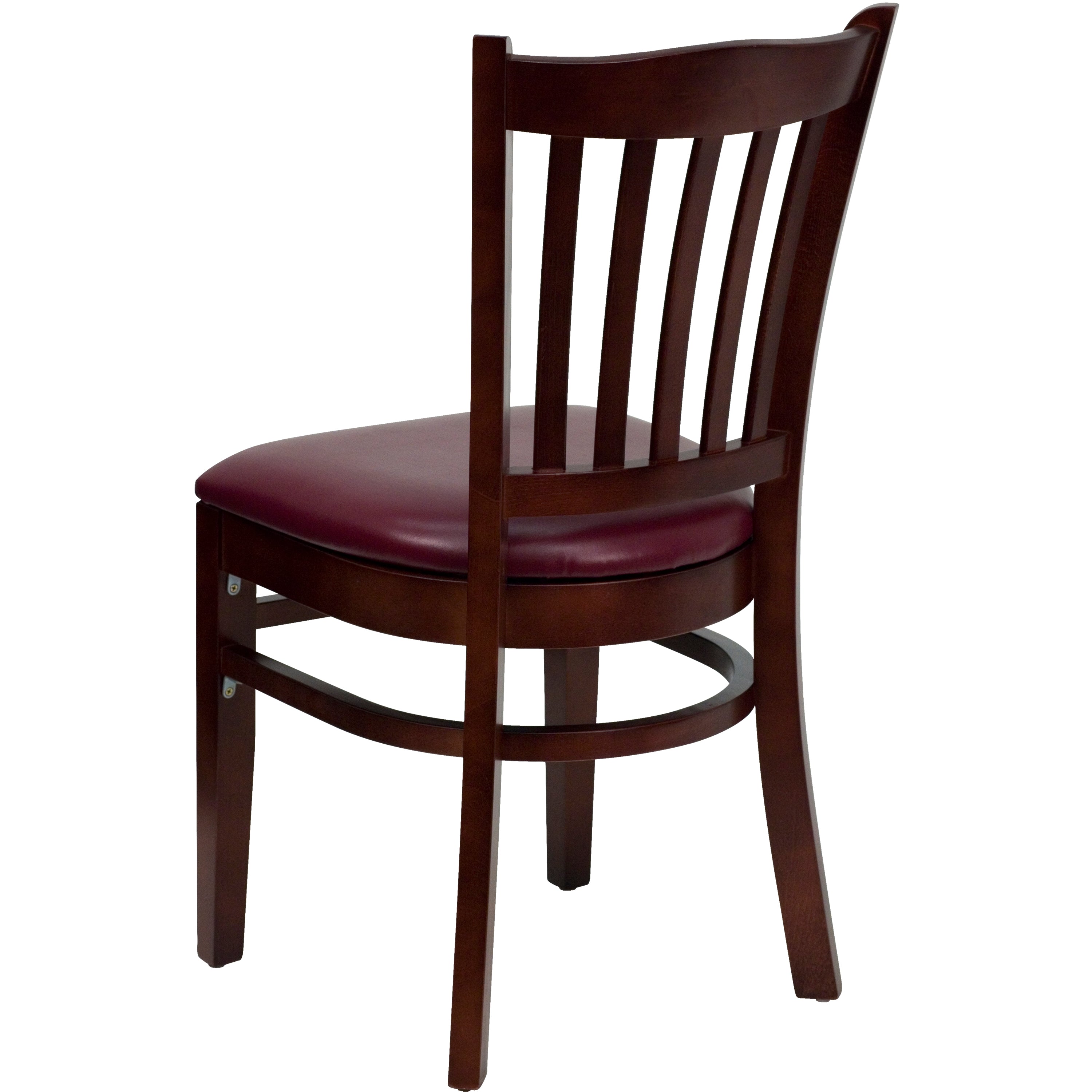 HERCULES Series Vertical Slat Back Mahogany Wood Restaurant Chair - Burgundy Vinyl Seat