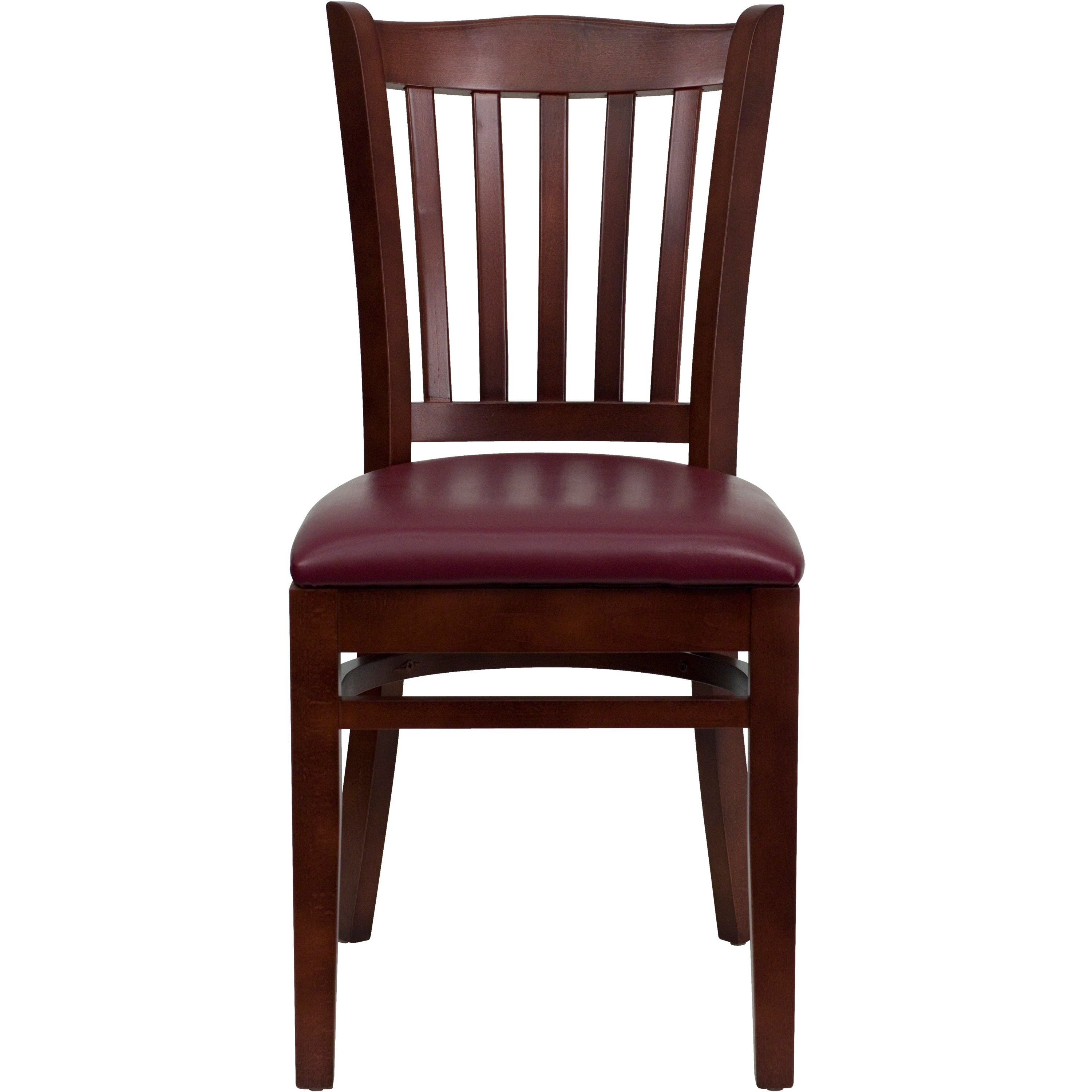 HERCULES Series Vertical Slat Back Mahogany Wood Restaurant Chair - Burgundy Vinyl Seat