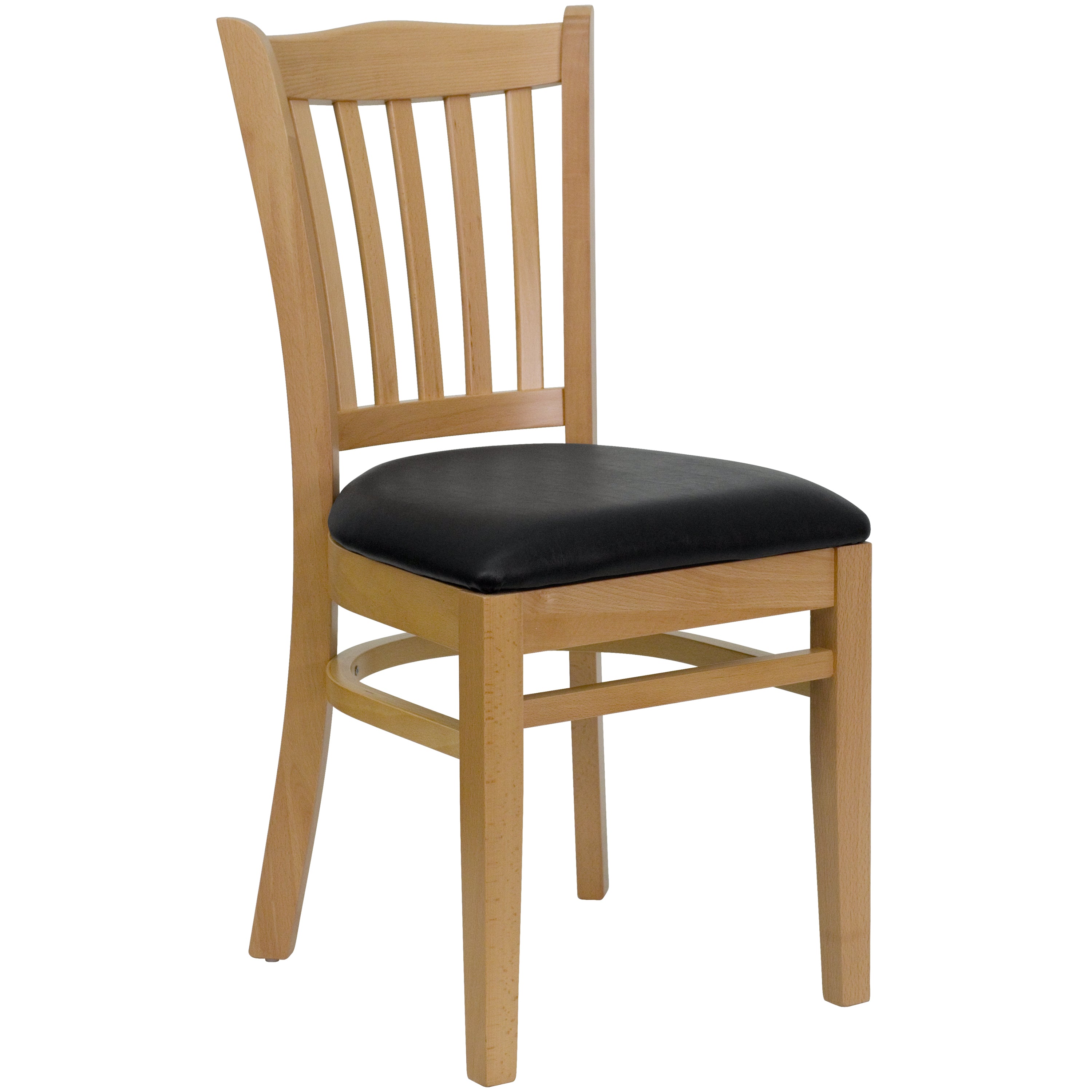 HERCULES Series Vertical Slat Back Natural Wood Restaurant Chair - Black Vinyl Seat