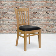 HERCULES Series Vertical Slat Back Natural Wood Restaurant Chair - Black Vinyl Seat