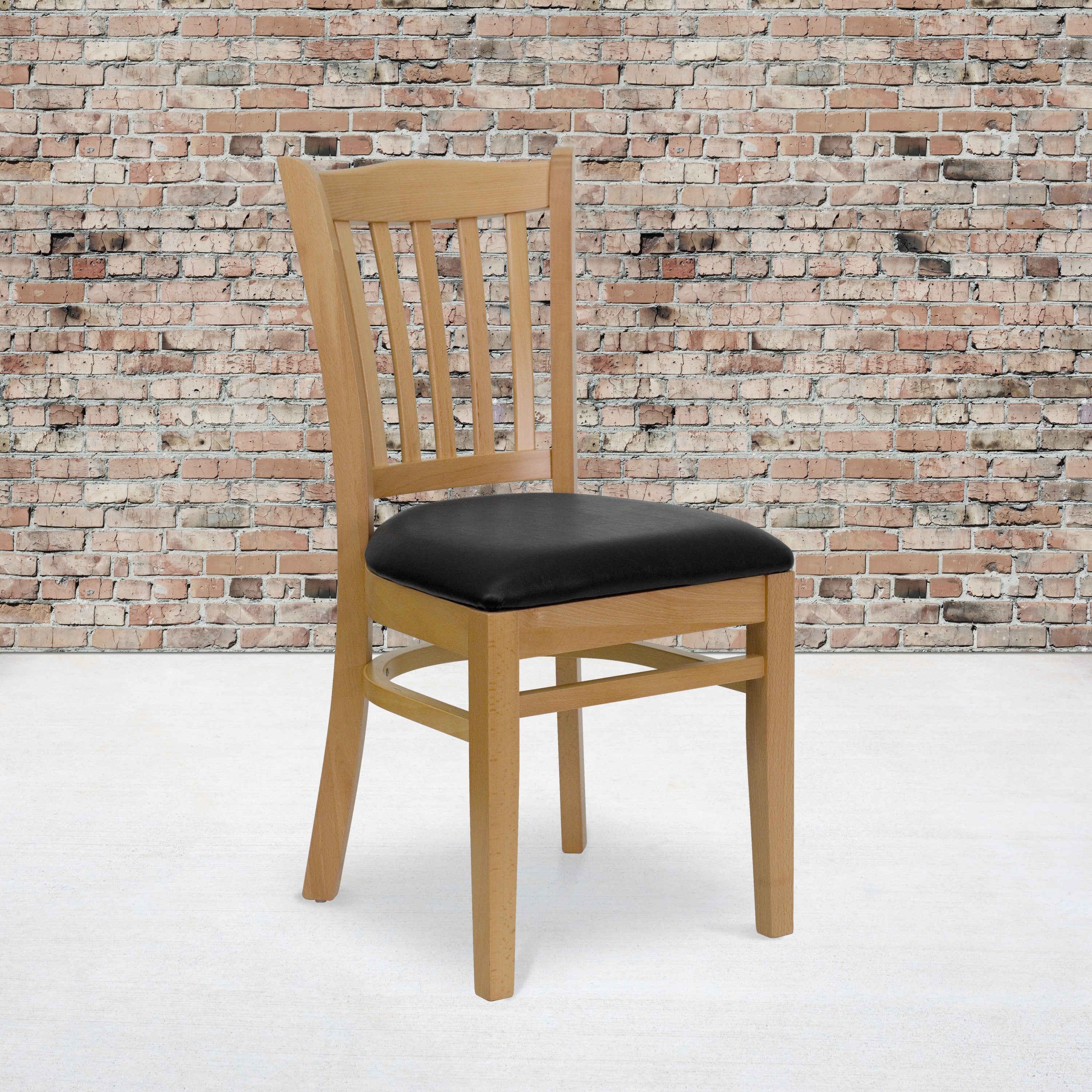 HERCULES Series Vertical Slat Back Natural Wood Restaurant Chair - Black Vinyl Seat