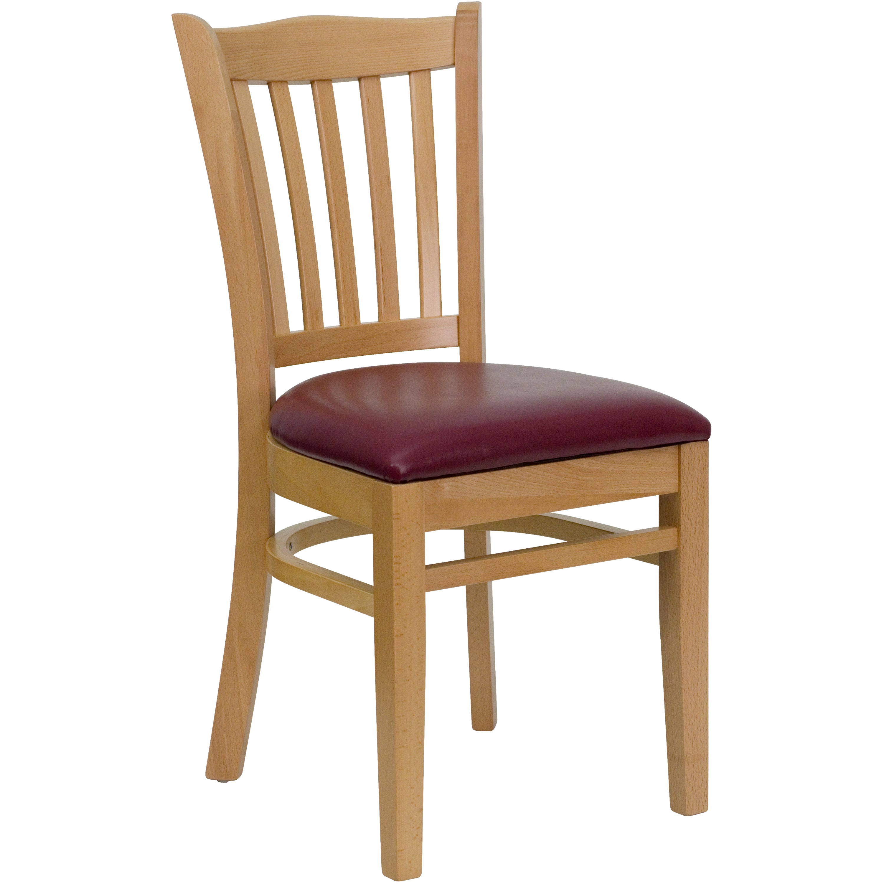 HERCULES Series Vertical Slat Back Natural Wood Restaurant Chair - Burgundy Vinyl Seat