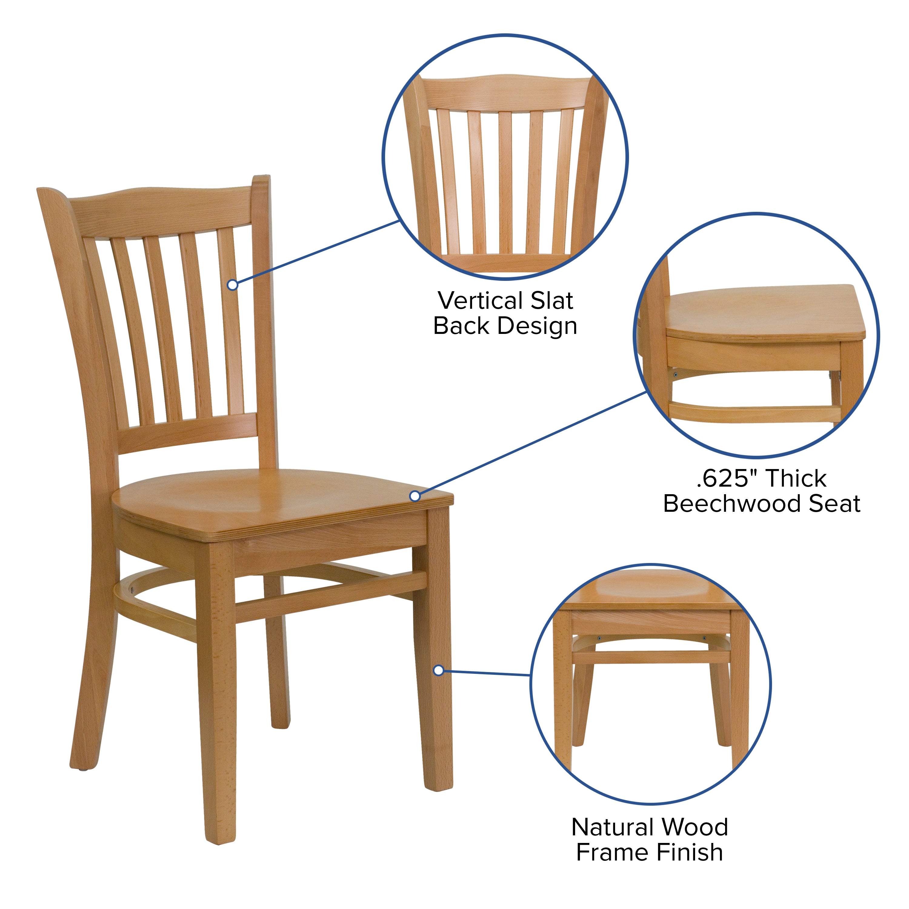 HERCULES Series Vertical Slat Back Natural Wood Restaurant Chair