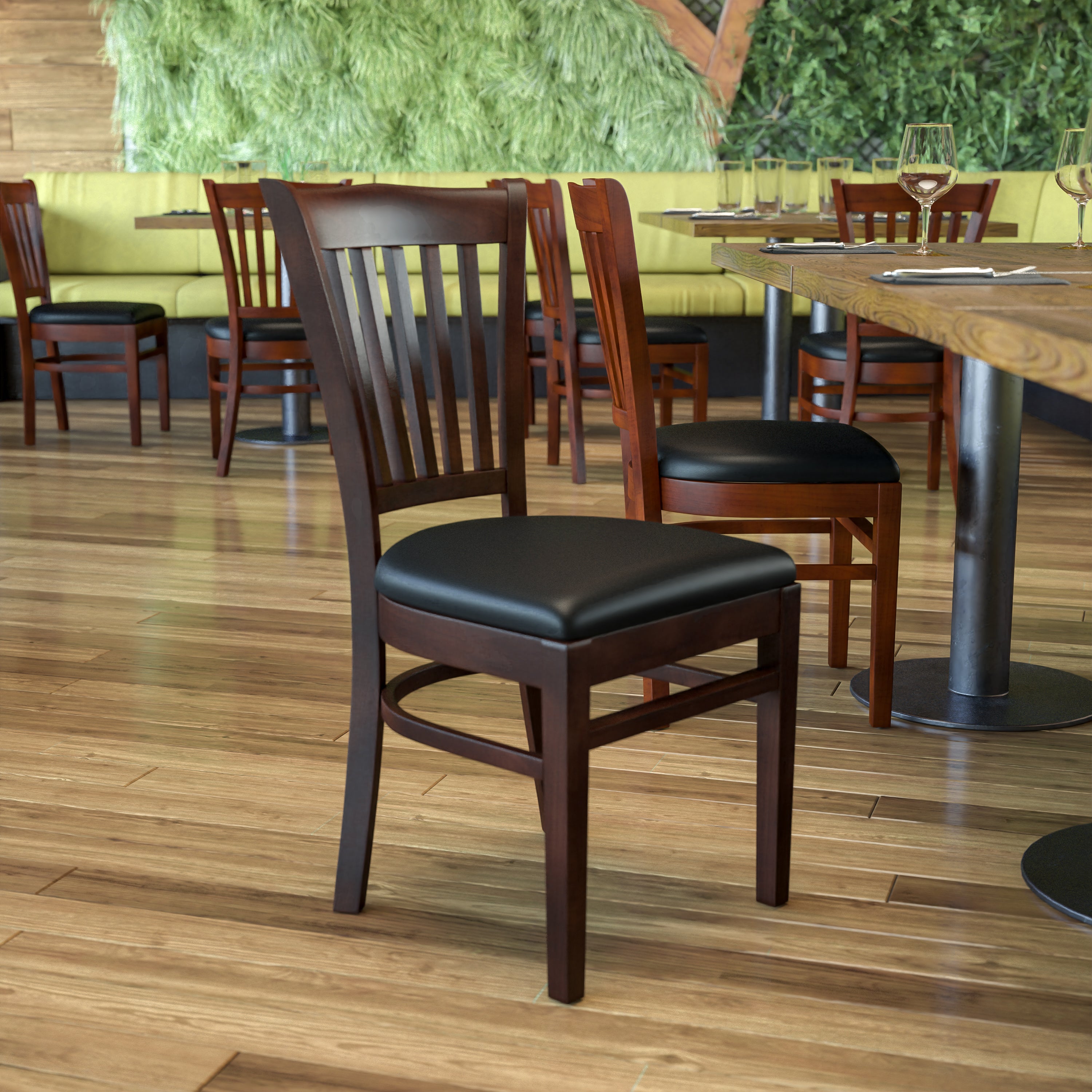 HERCULES Series Vertical Slat Back Walnut Wood Restaurant Chair - Black Vinyl Seat