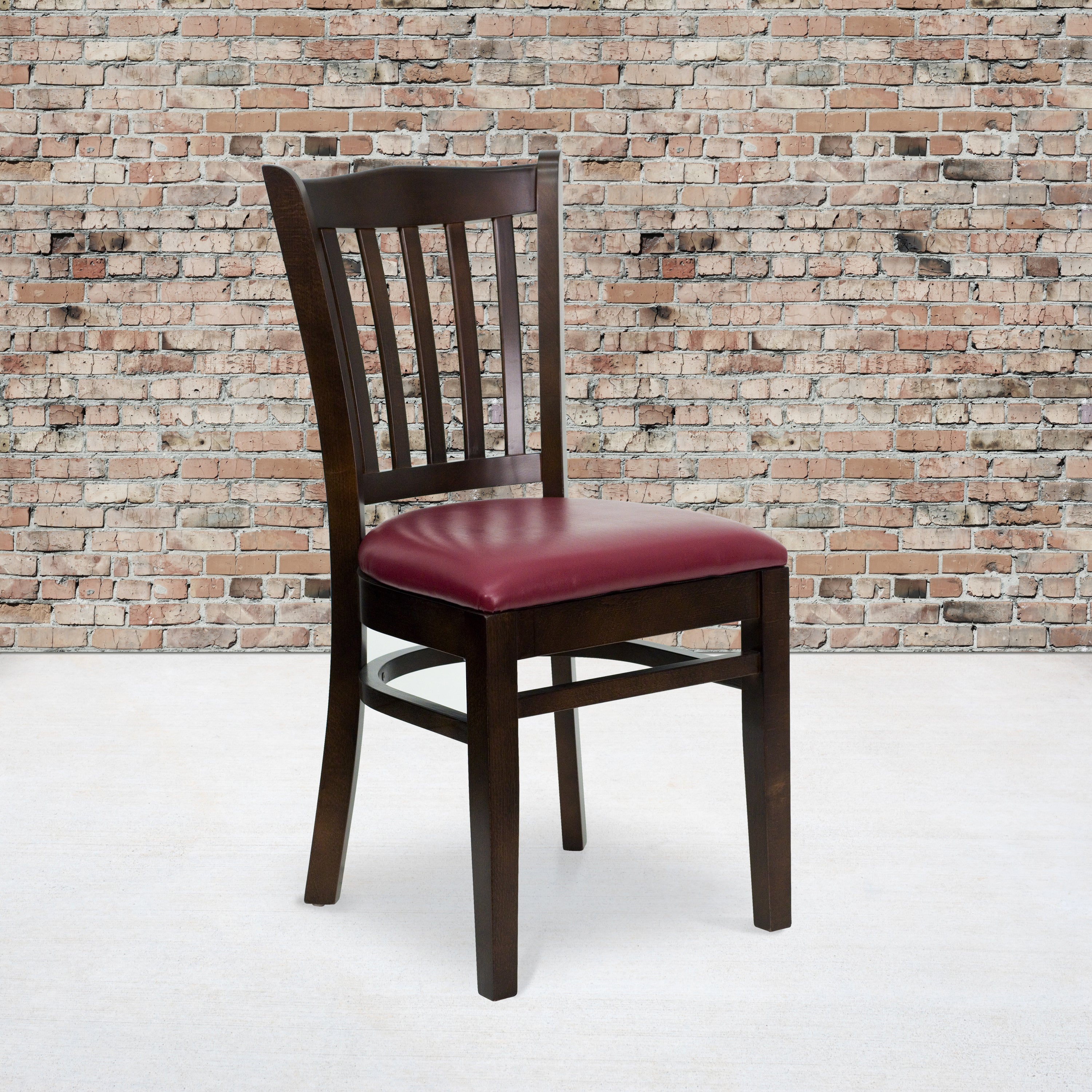 HERCULES Series Vertical Slat Back Walnut Wood Restaurant Chair - Burgundy Vinyl Seat