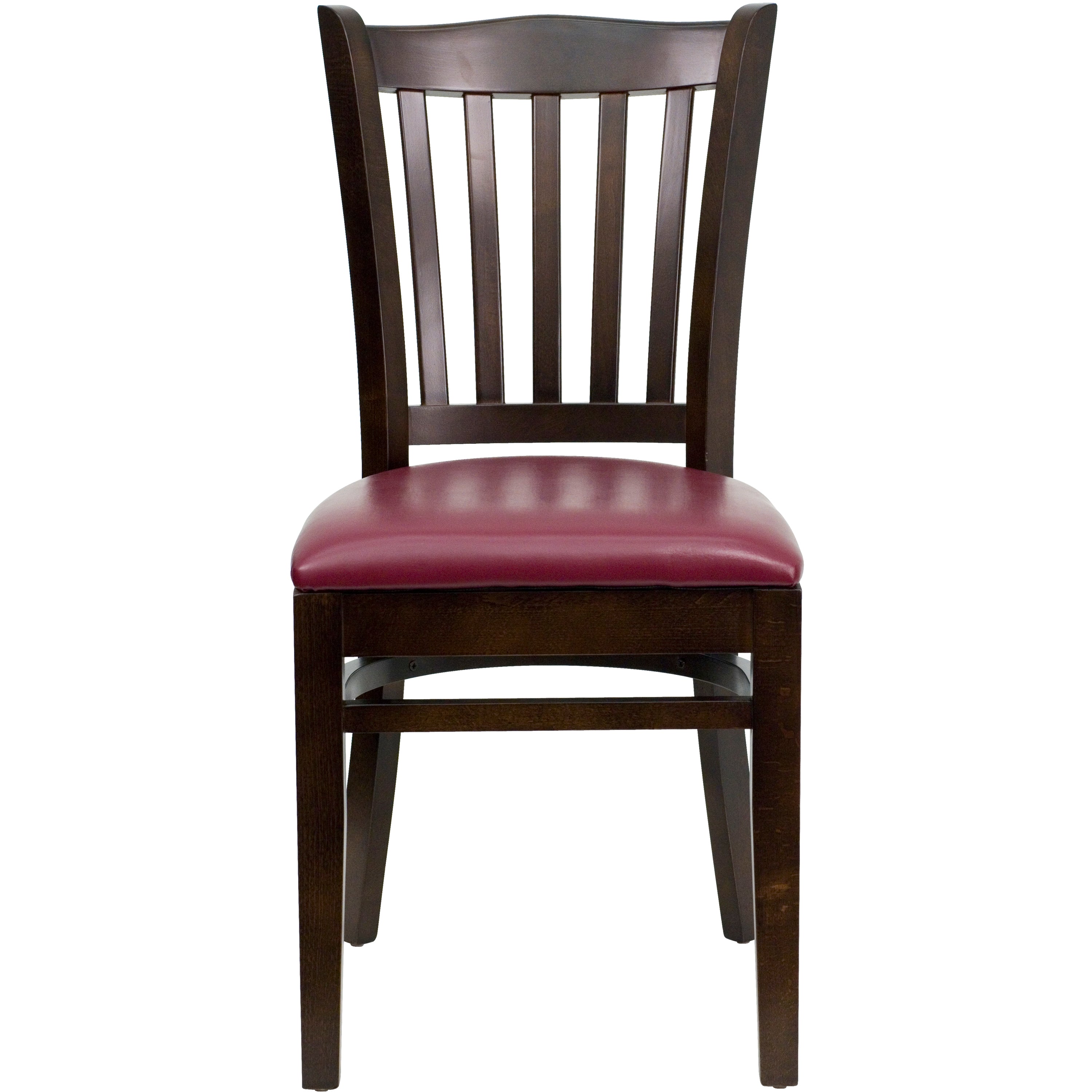 HERCULES Series Vertical Slat Back Walnut Wood Restaurant Chair - Burgundy Vinyl Seat