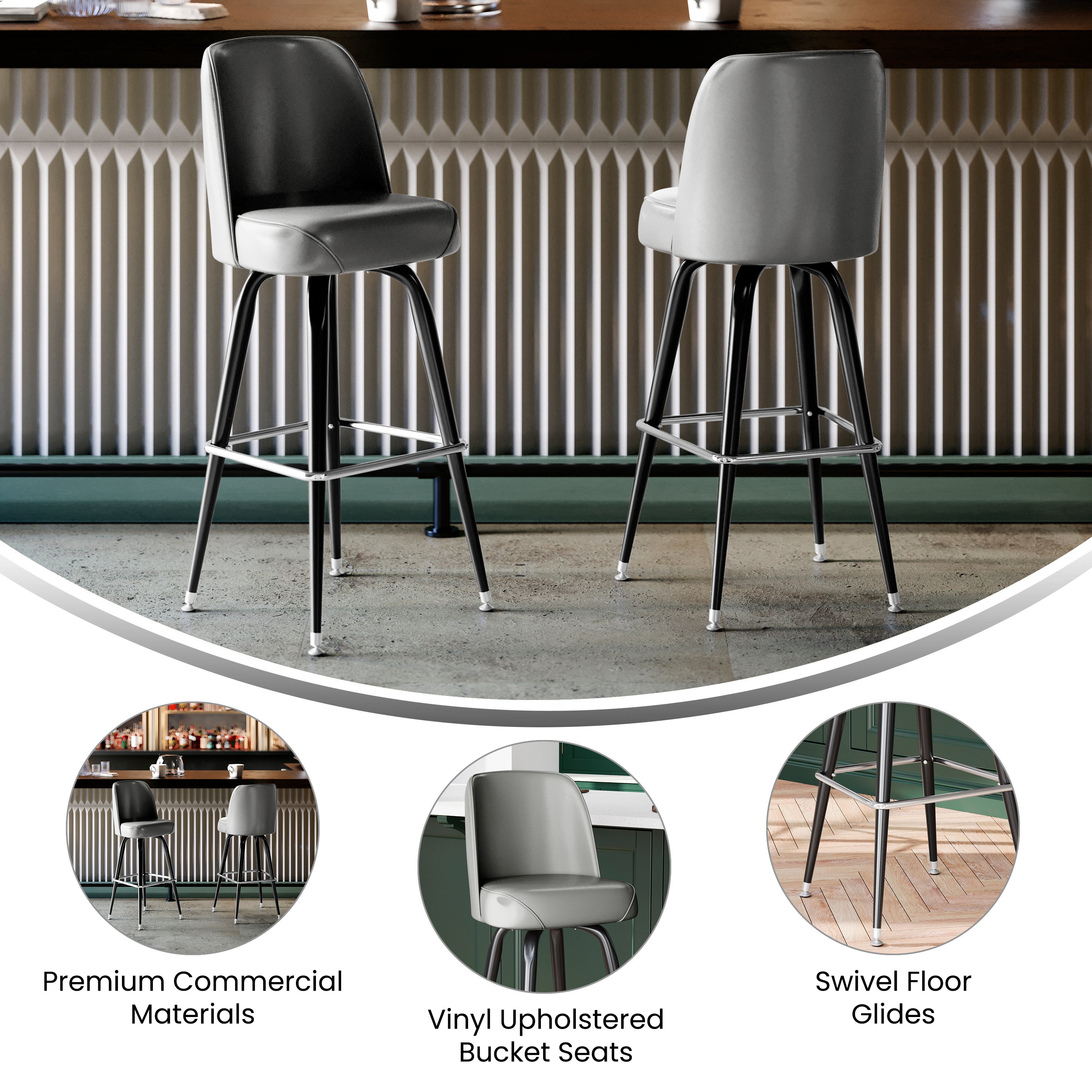 James Commercial Grade Metal Barstool with Gray Swivel Bucket Seat