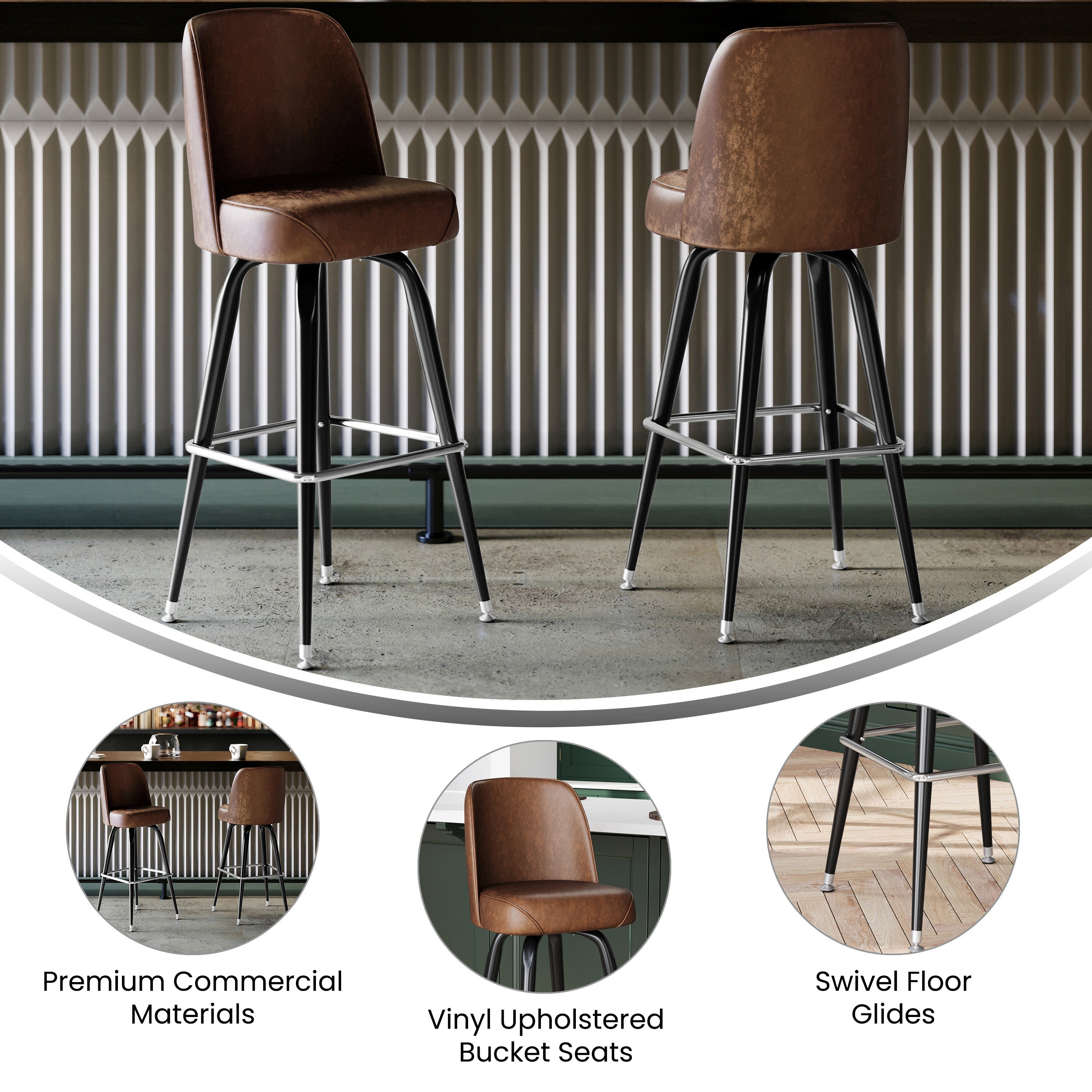 James Commercial Grade Metal Barstool with Weathered Brown Swivel Bucket Seat