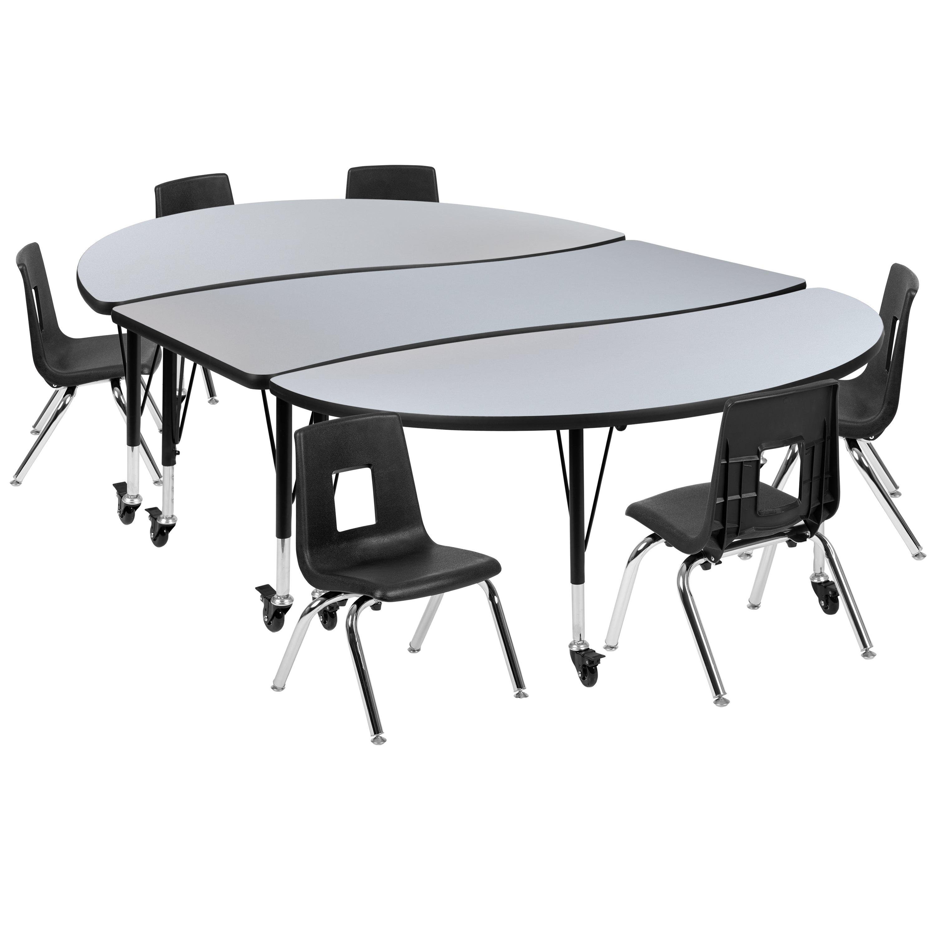 Emmy Mobile 86" Oval Wave Flexible Laminate Activity Table Set with 12" Student Stack Chairs, Grey/Black