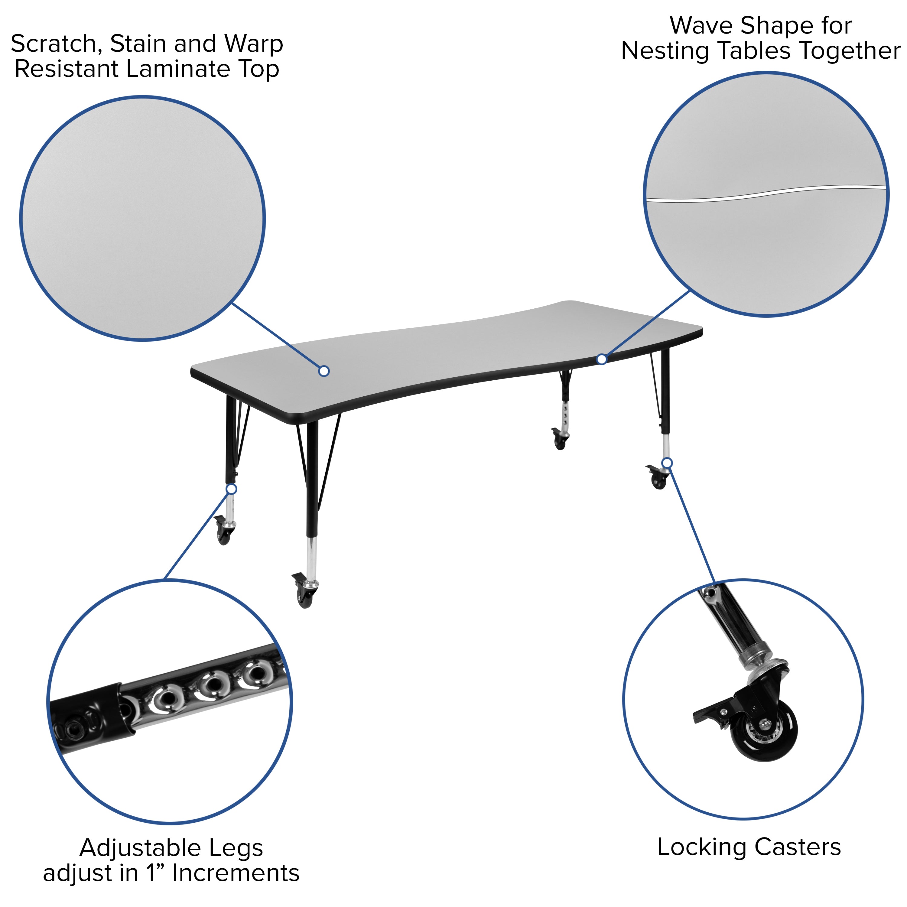 Emmy Mobile 86" Oval Wave Flexible Laminate Activity Table Set with 12" Student Stack Chairs, Grey/Black