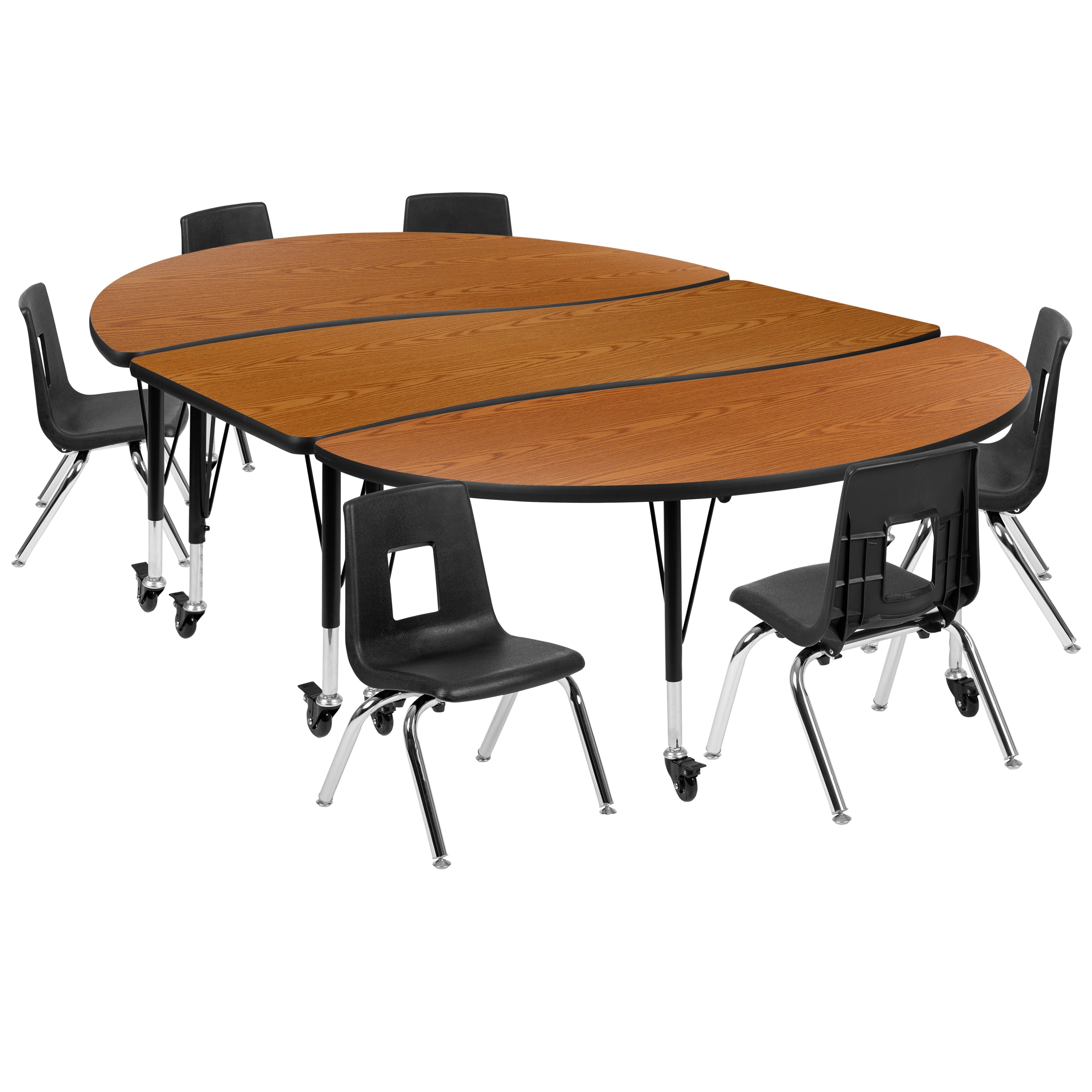 Emmy Mobile 86" Oval Wave Flexible Laminate Activity Table Set with 12" Student Stack Chairs, Oak/Black