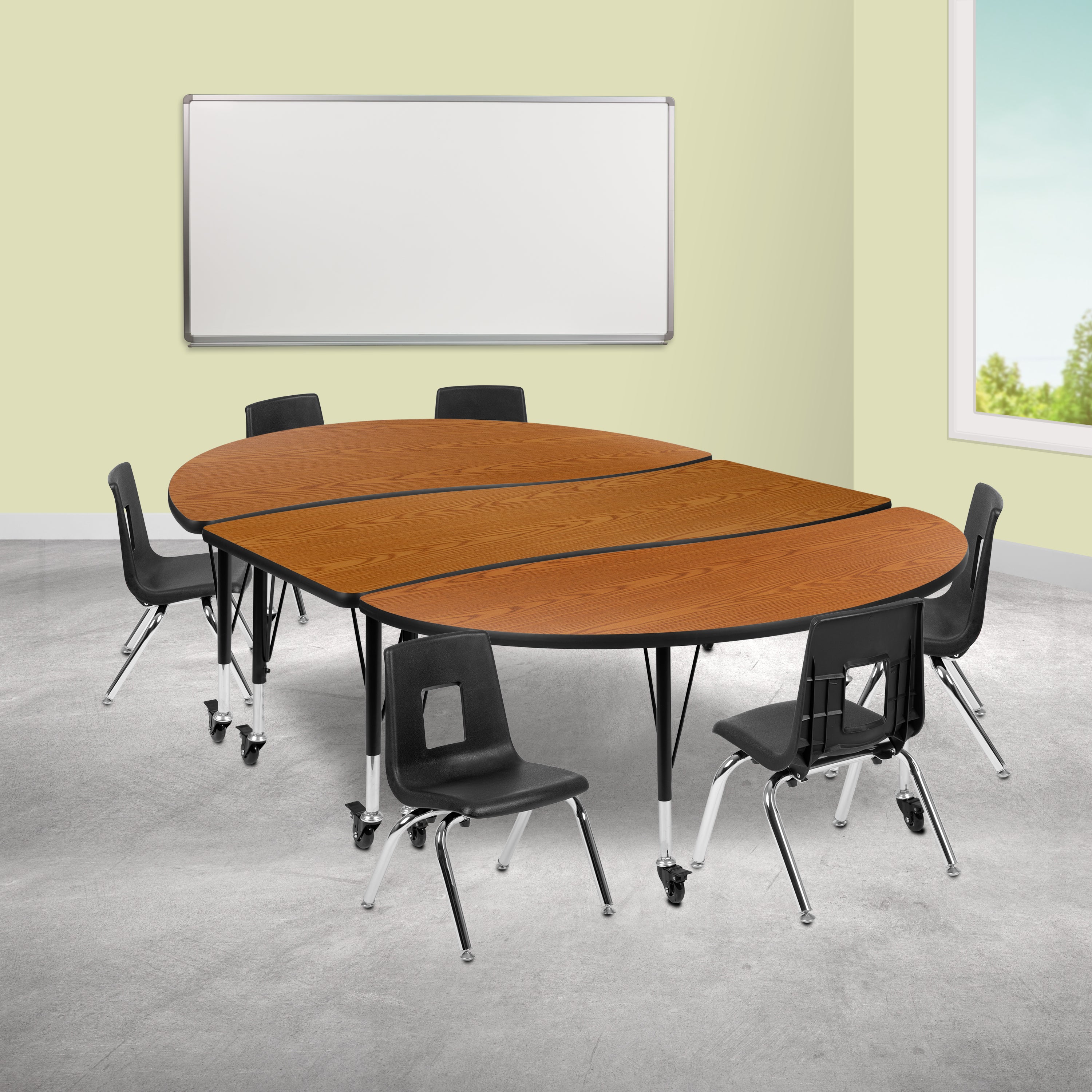 Emmy Mobile 86" Oval Wave Flexible Laminate Activity Table Set with 12" Student Stack Chairs, Oak/Black