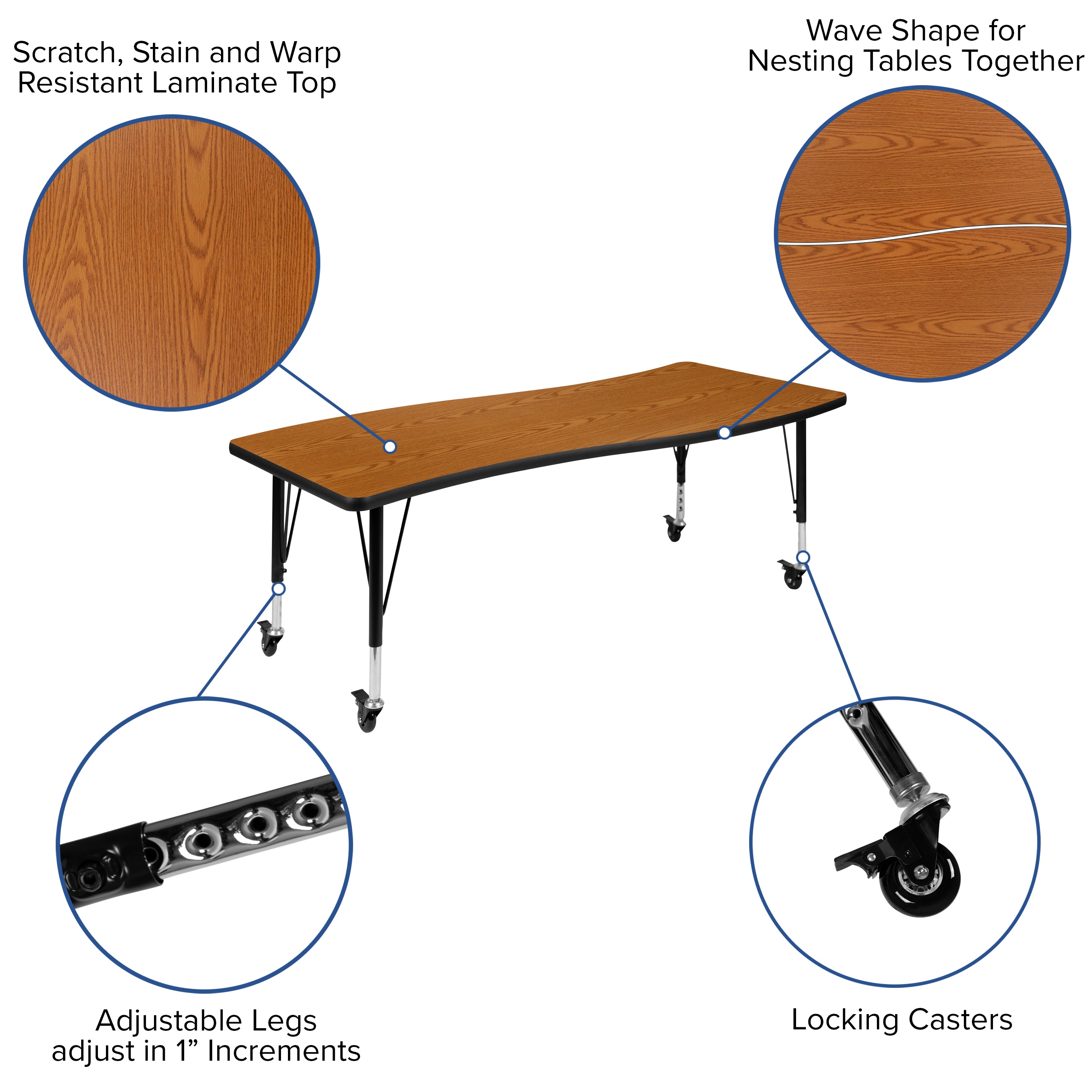 Emmy Mobile 86" Oval Wave Flexible Laminate Activity Table Set with 12" Student Stack Chairs, Oak/Black