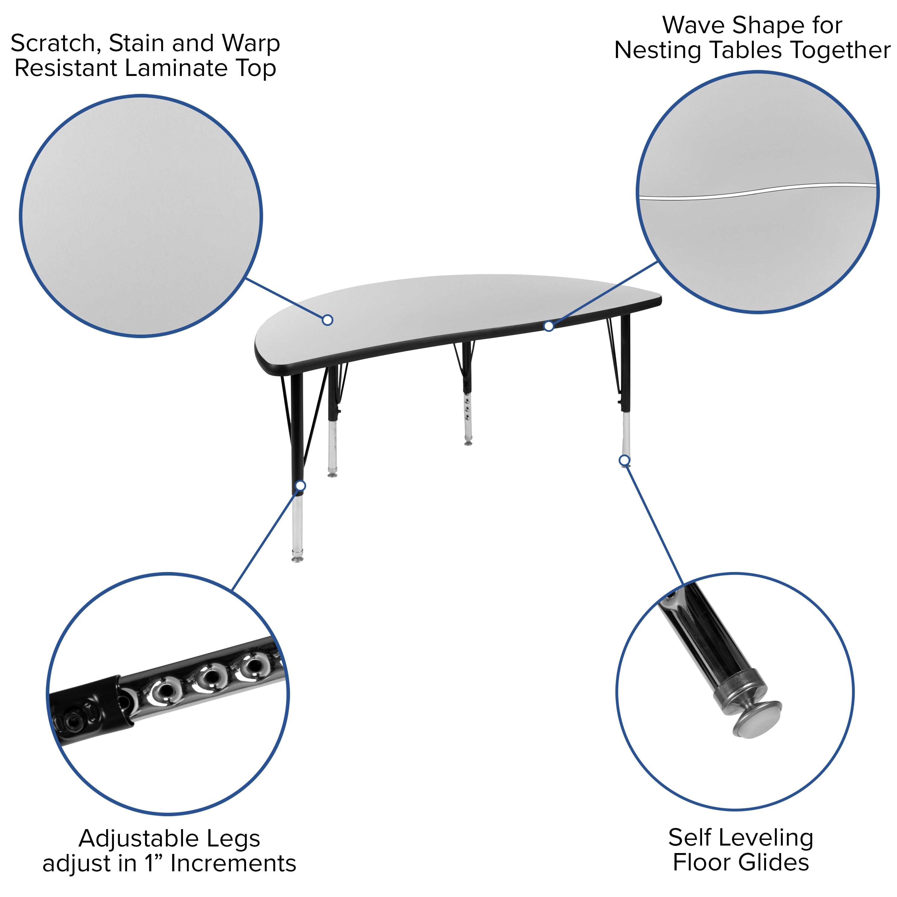 Emmy 47.5" Circle Wave Flexible Laminate Activity Table Set with 12" Student Stack Chairs, Grey/Black