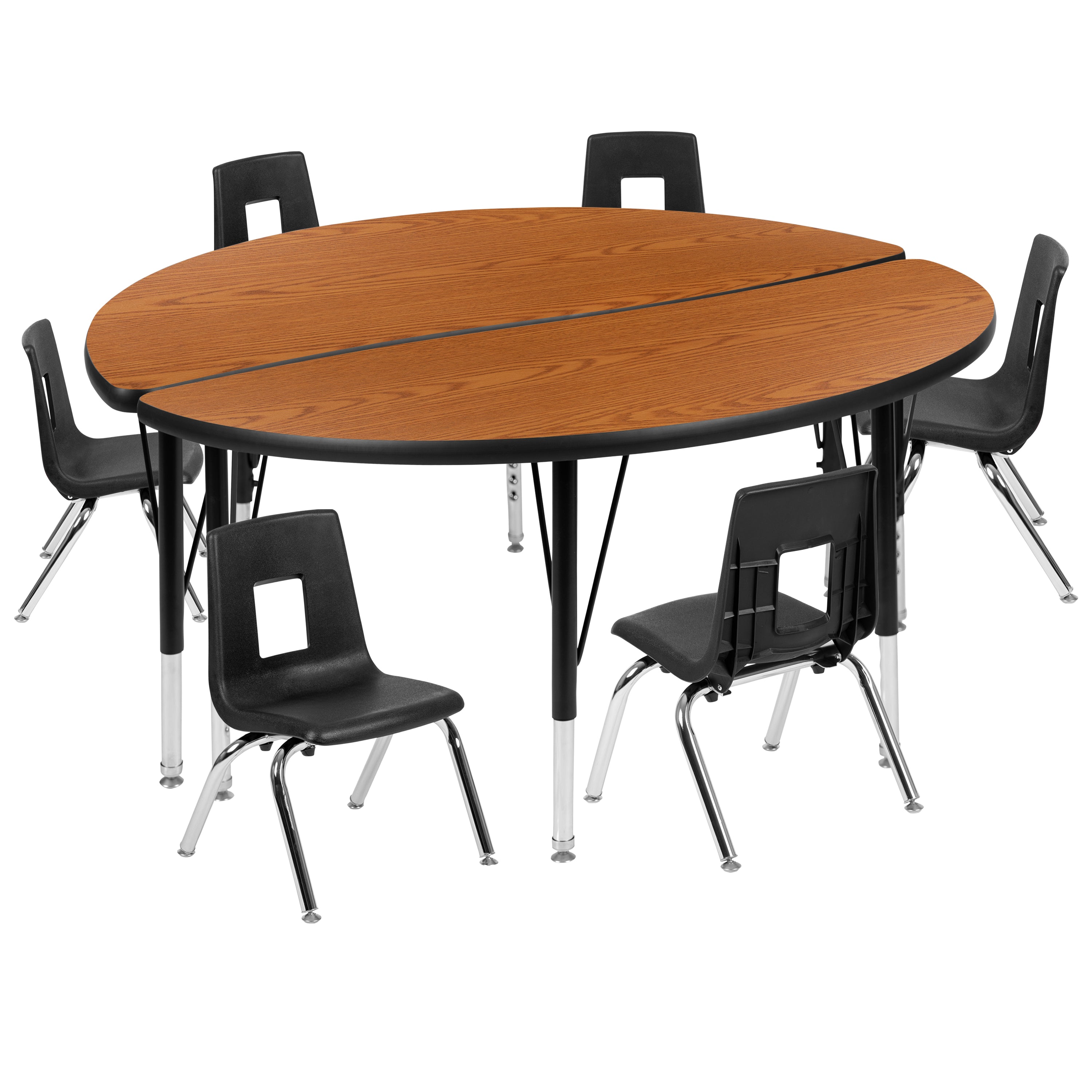 Emmy 47.5" Circle Wave Flexible Laminate Activity Table Set with 12" Student Stack Chairs, Oak/Black