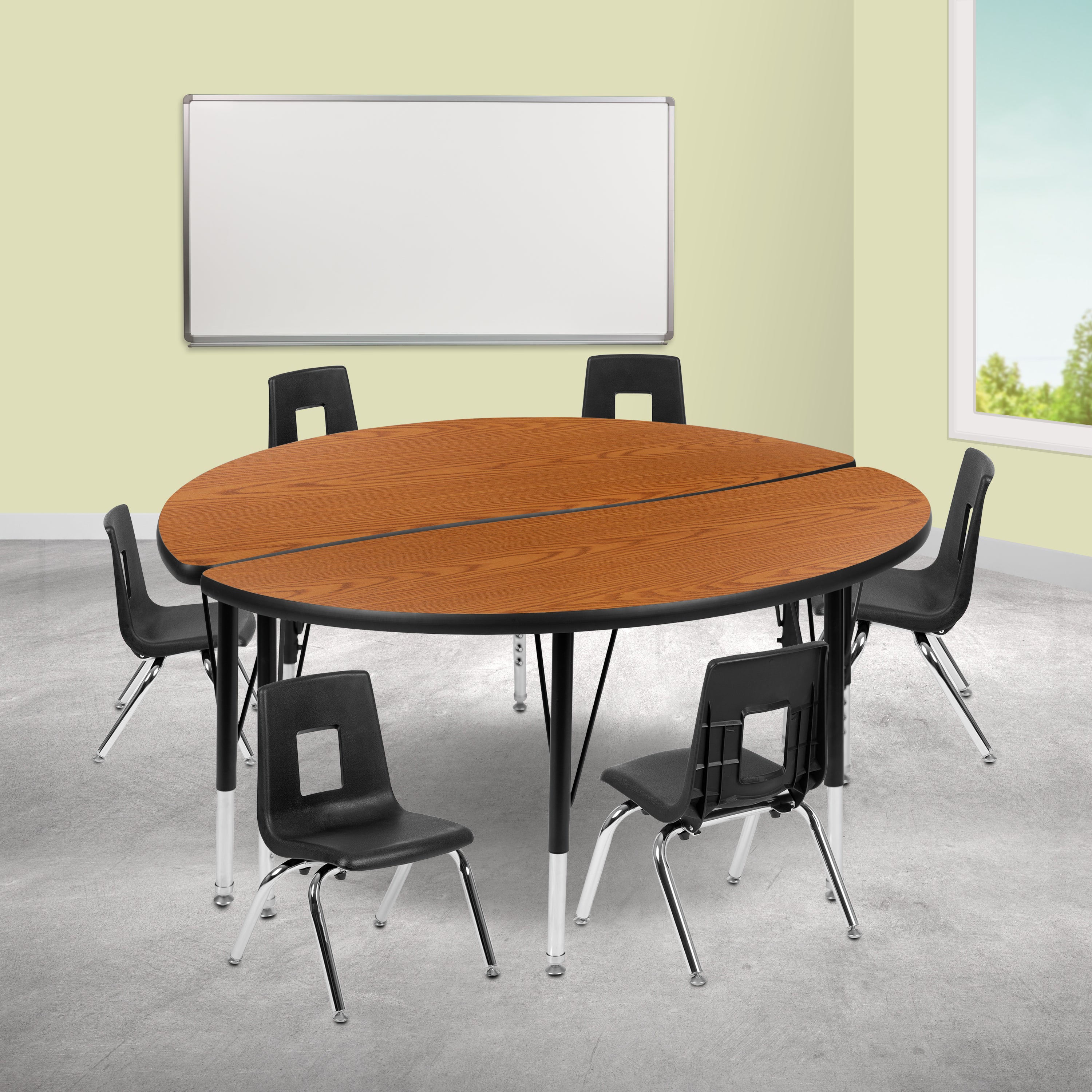 Emmy 47.5" Circle Wave Flexible Laminate Activity Table Set with 12" Student Stack Chairs, Oak/Black