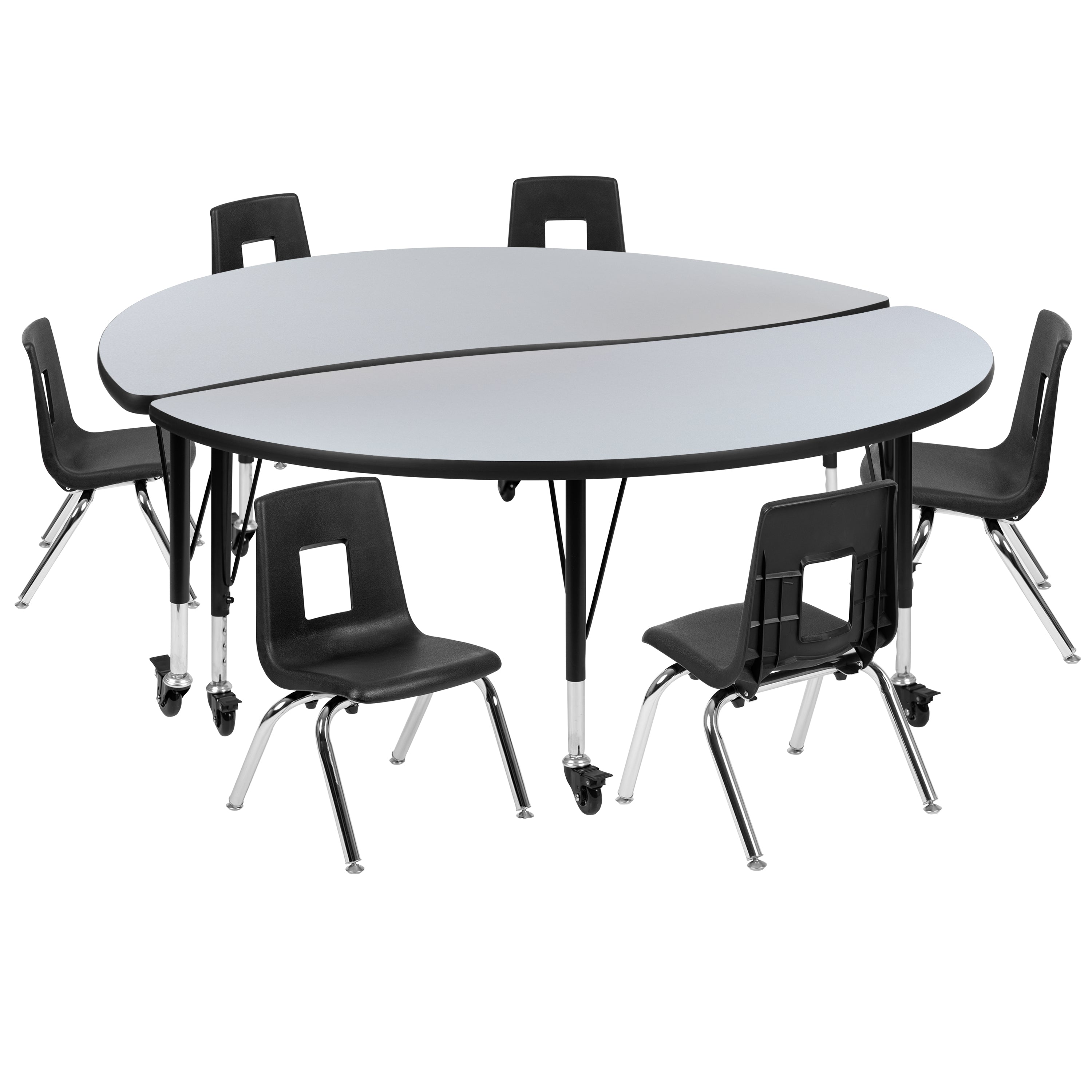 Emmy Mobile 60" Circle Wave Flexible Laminate Activity Table Set with 12" Student Stack Chairs, Grey/Black