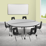 Emmy Mobile 60" Circle Wave Flexible Laminate Activity Table Set with 12" Student Stack Chairs, Grey/Black
