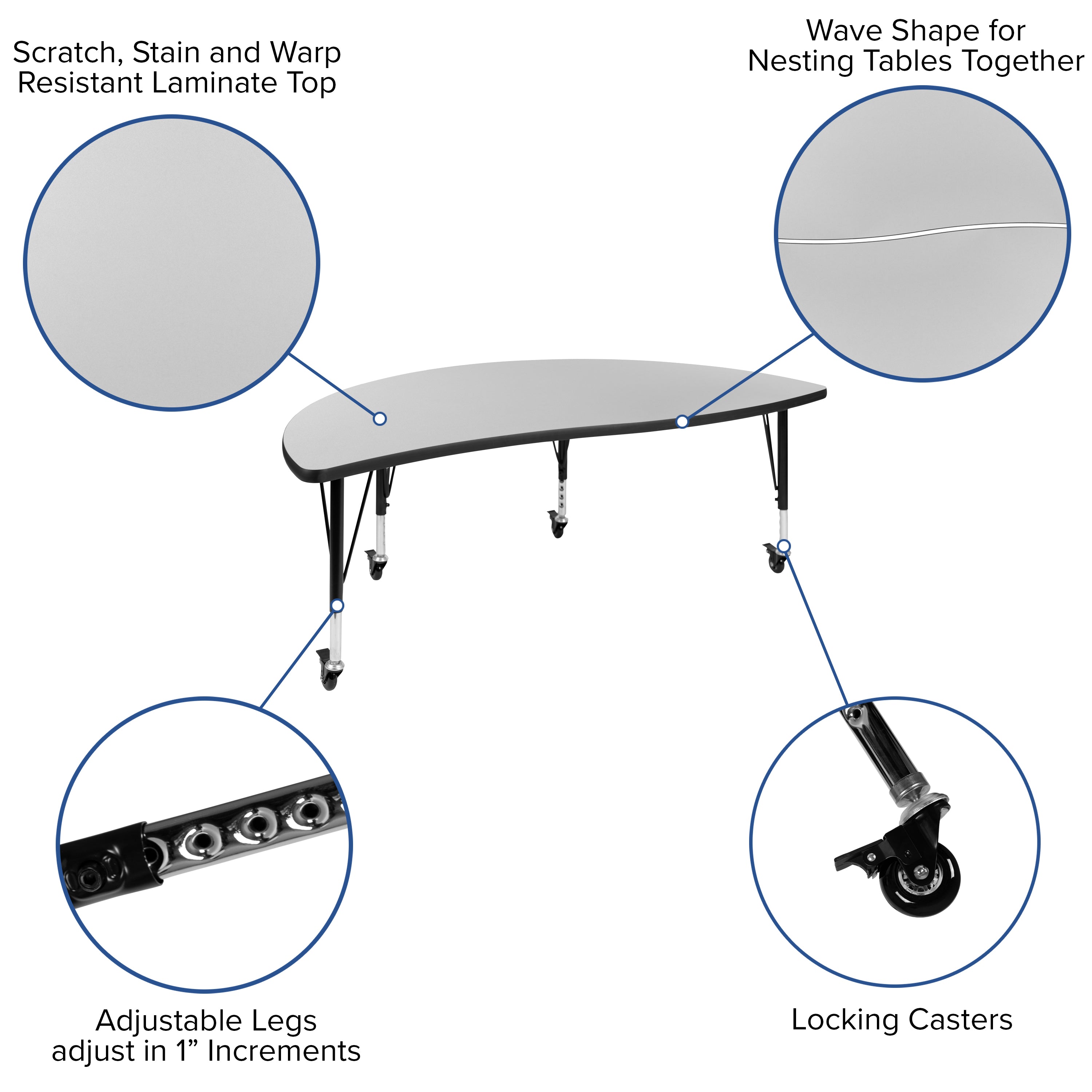 Emmy Mobile 60" Circle Wave Flexible Laminate Activity Table Set with 12" Student Stack Chairs, Grey/Black