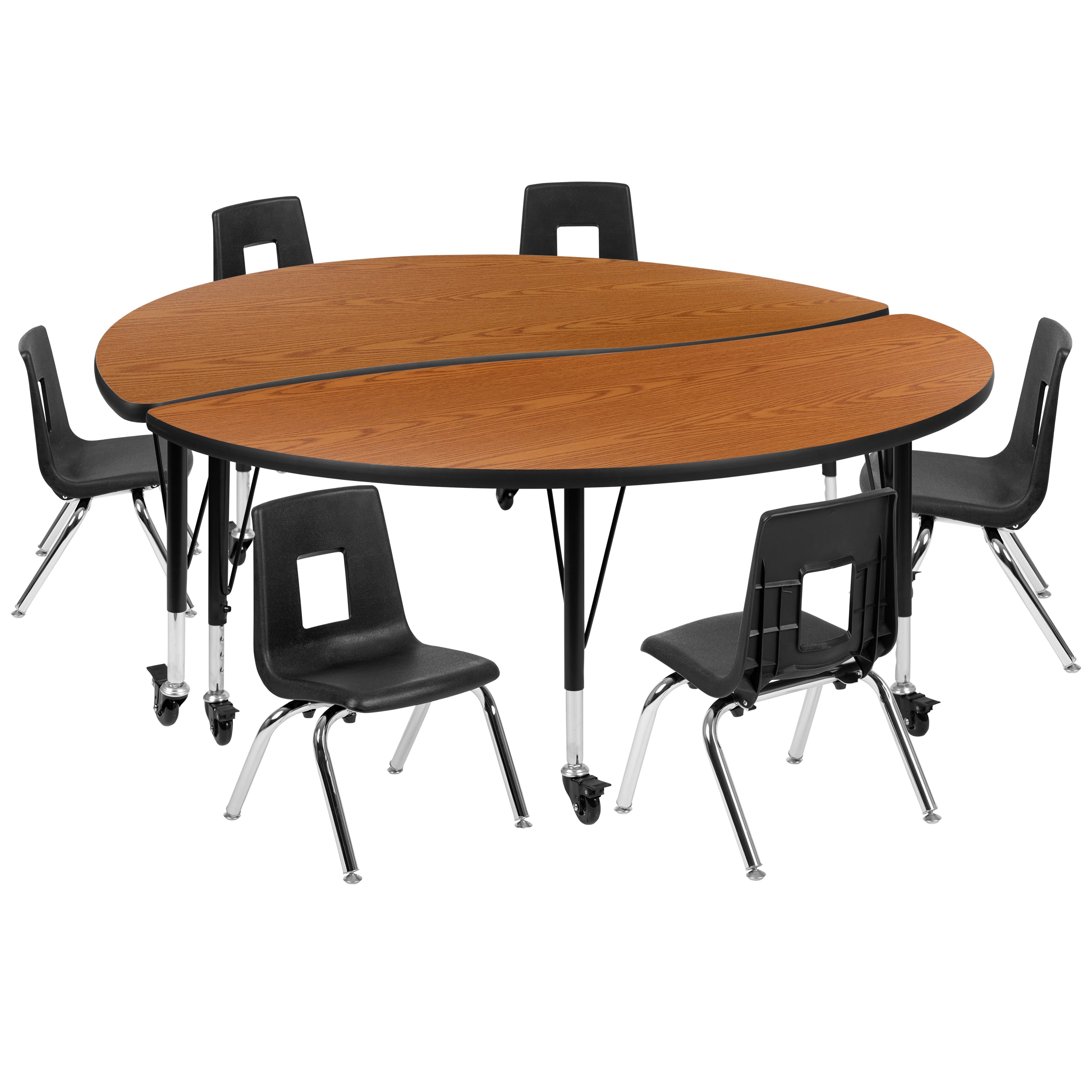 Emmy Mobile 60" Circle Wave Flexible Laminate Activity Table Set with 12" Student Stack Chairs, Oak/Black