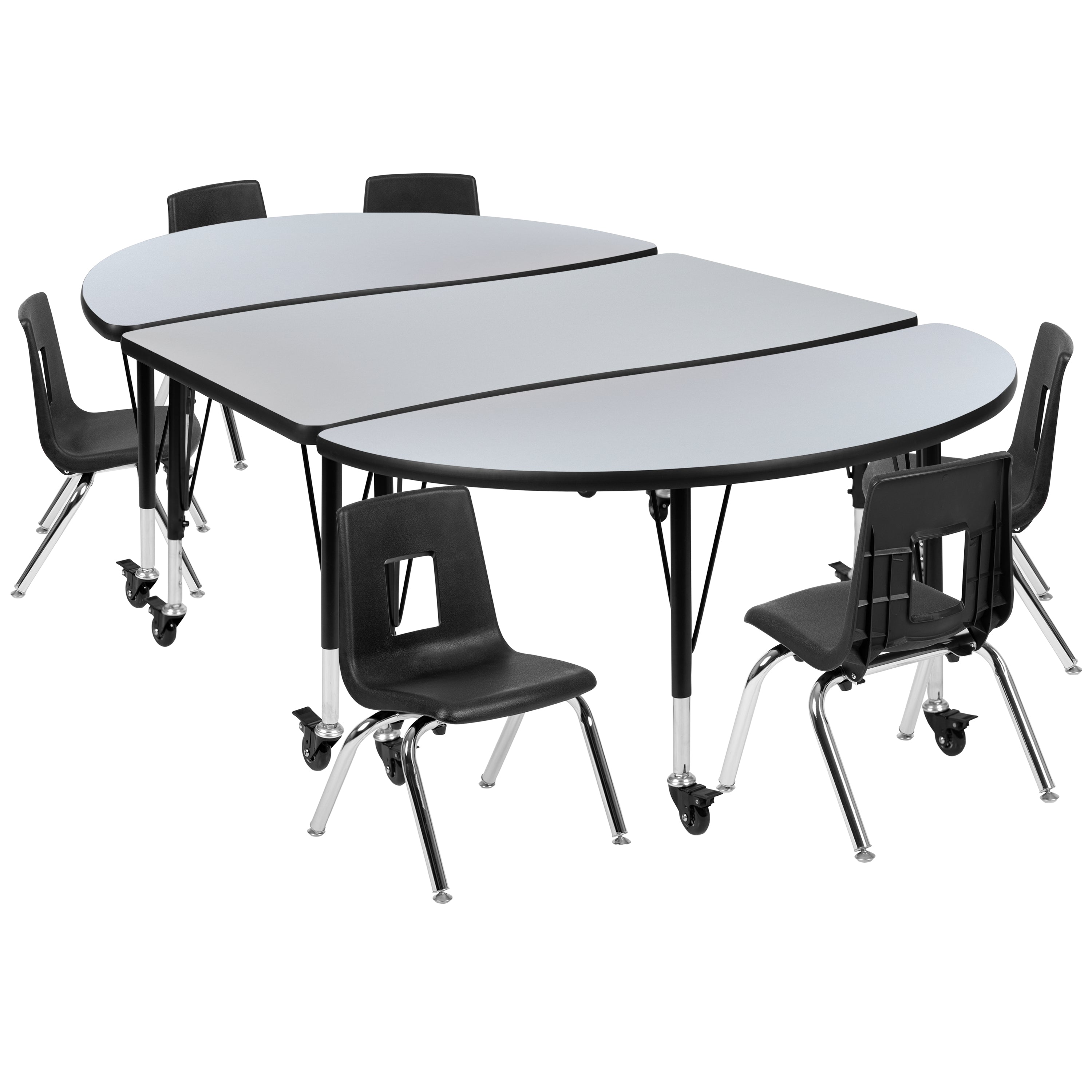 Emmy Mobile 76" Oval Wave Flexible Laminate Activity Table Set with 14" Student Stack Chairs, Grey/Black