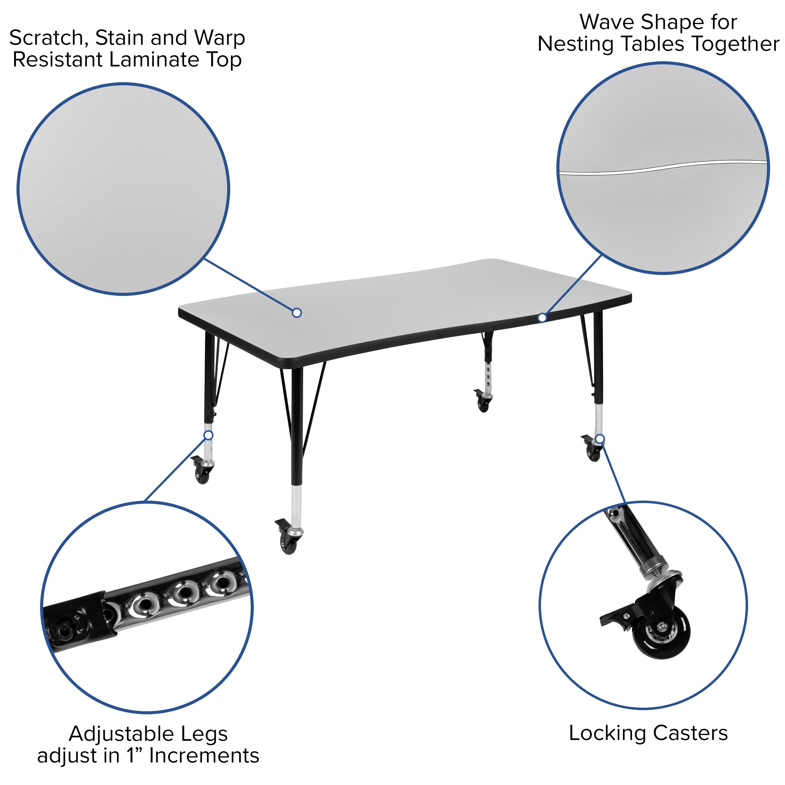 Emmy Mobile 76" Oval Wave Flexible Laminate Activity Table Set with 14" Student Stack Chairs, Grey/Black