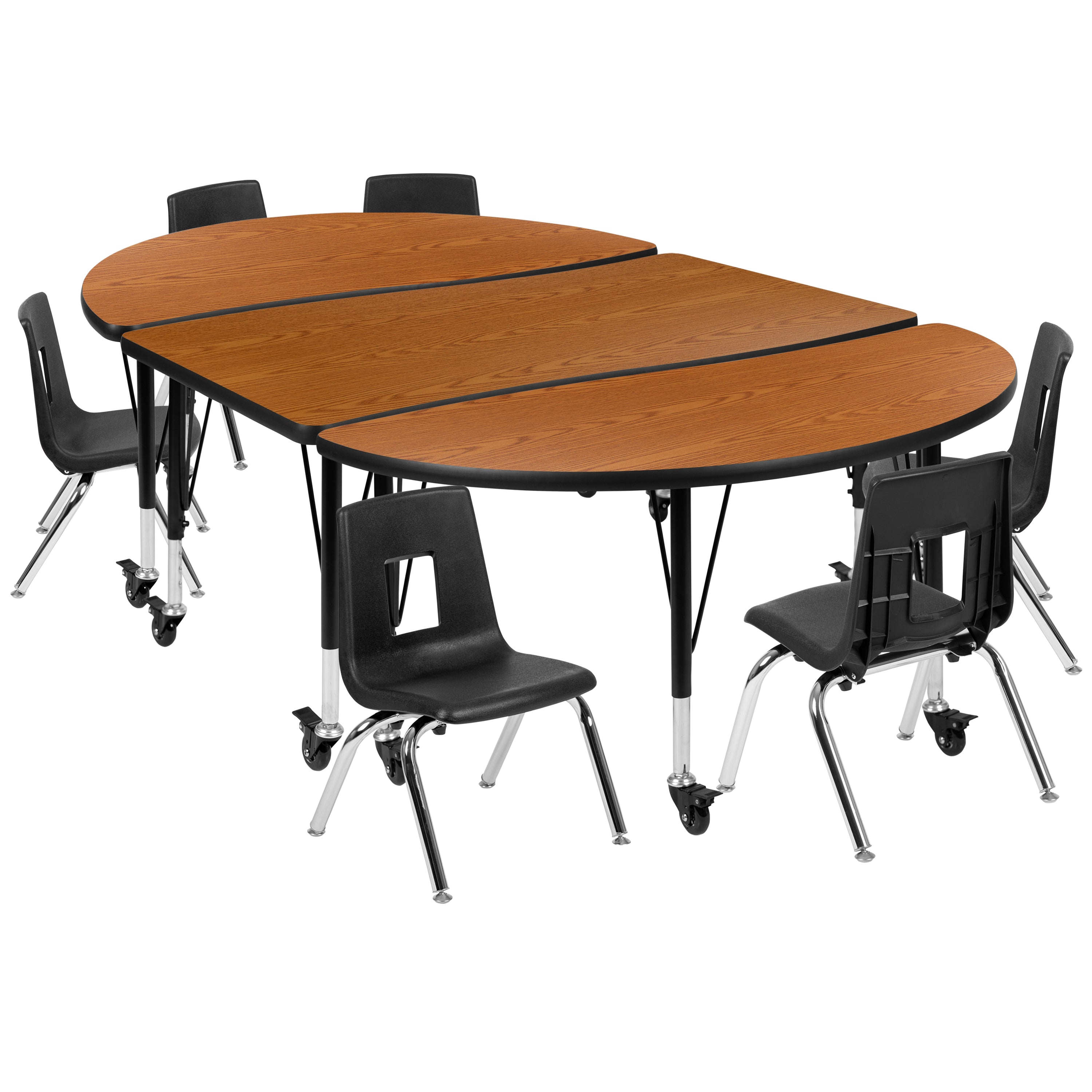 Emmy Mobile 76" Oval Wave Flexible Laminate Activity Table Set with 14" Student Stack Chairs, Oak/Black