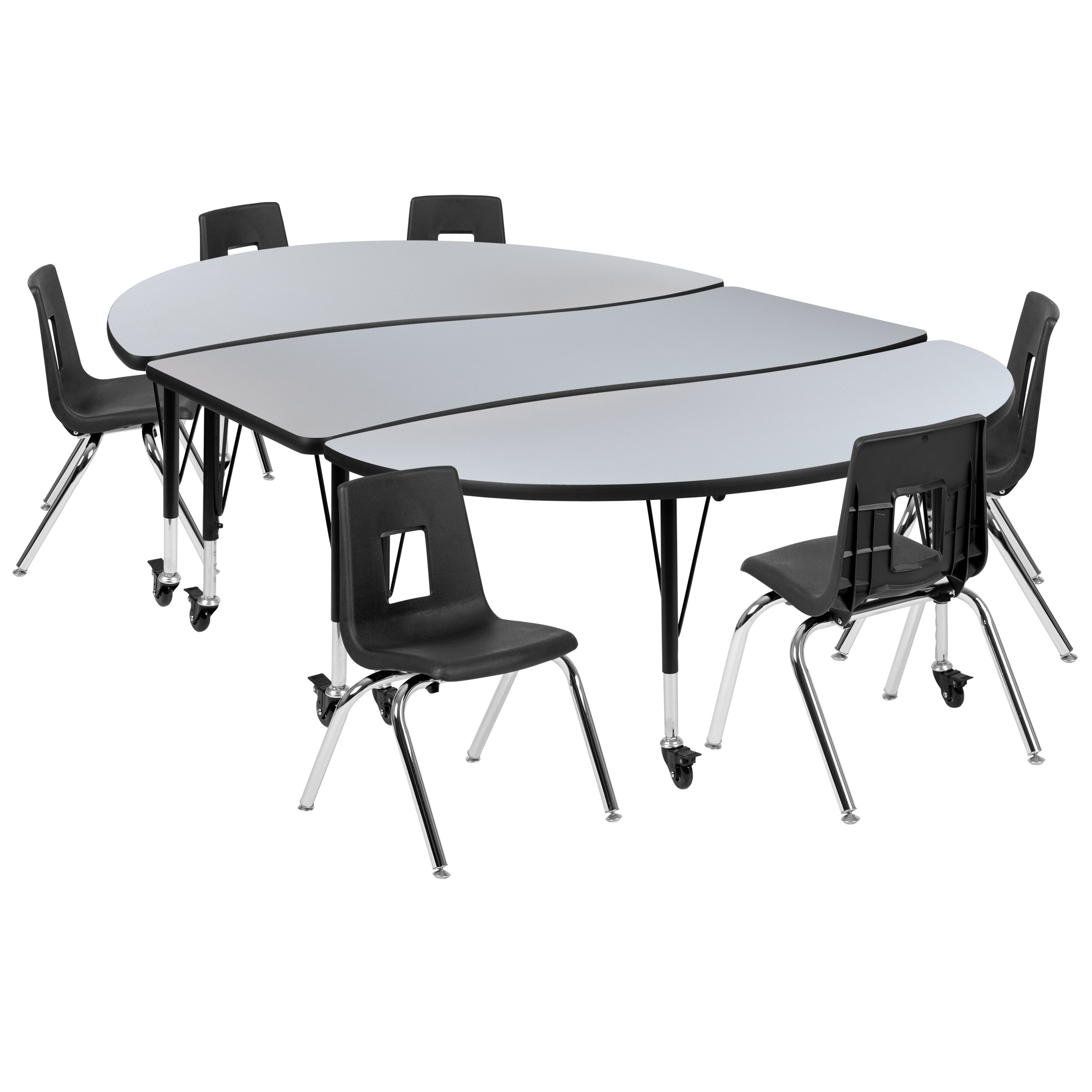 Emmy Mobile 86" Oval Wave Flexible Laminate Activity Table Set with 14" Student Stack Chairs, Grey/Black
