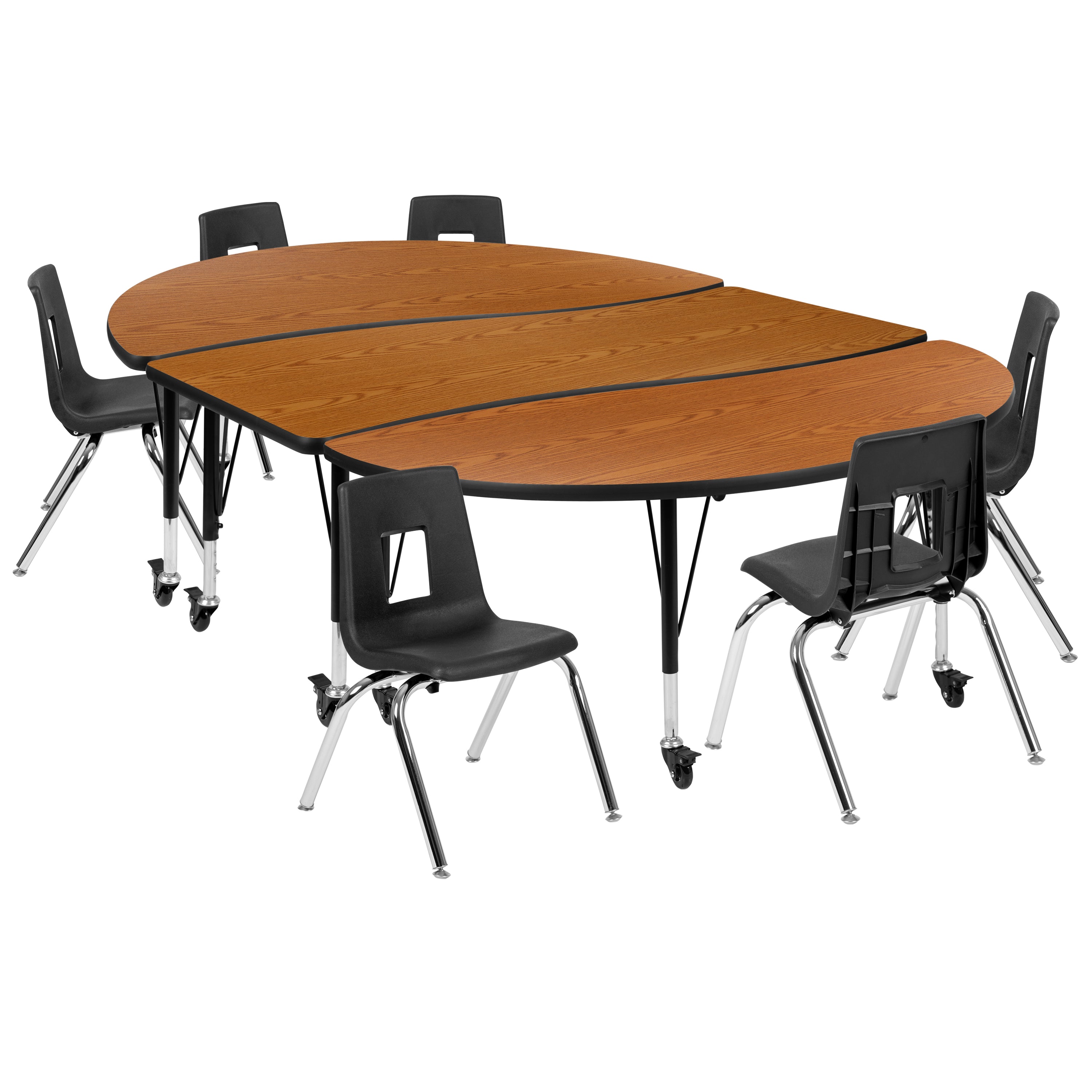 Emmy Mobile 86" Oval Wave Flexible Laminate Activity Table Set with 14" Student Stack Chairs, Oak/Black